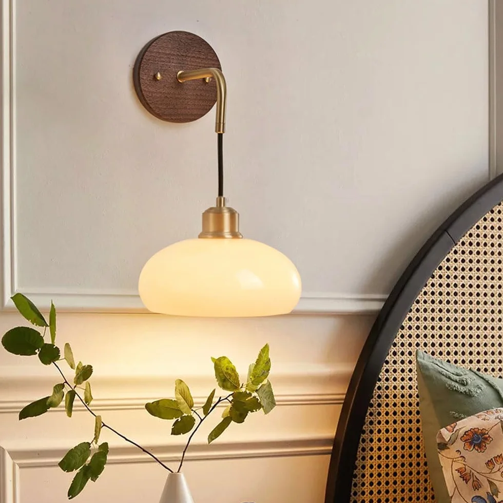 Mosiężna lampa ścienna z litego drewna w paski szklany klosz Lampka nocna Kinkiety Oświetlenie Ścienne Nowoczesna lampa ścienna E27 Oświetlenie wewnętrzne do salonu Restauracja