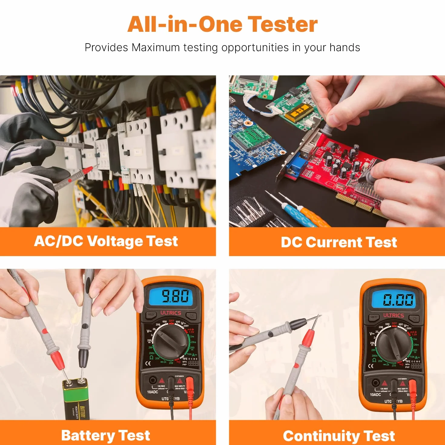 ULTRICS Multimetr Cyfrowy tester ciągłości, Automatyczn Multitester z Wyświetlacz LCD, Woltomierz z Podwójnymi Bezpiecznikami Przenośny Multimetr Mierzy OHM AC/DC Rezystancj Diody Ciągłości Tranzystor