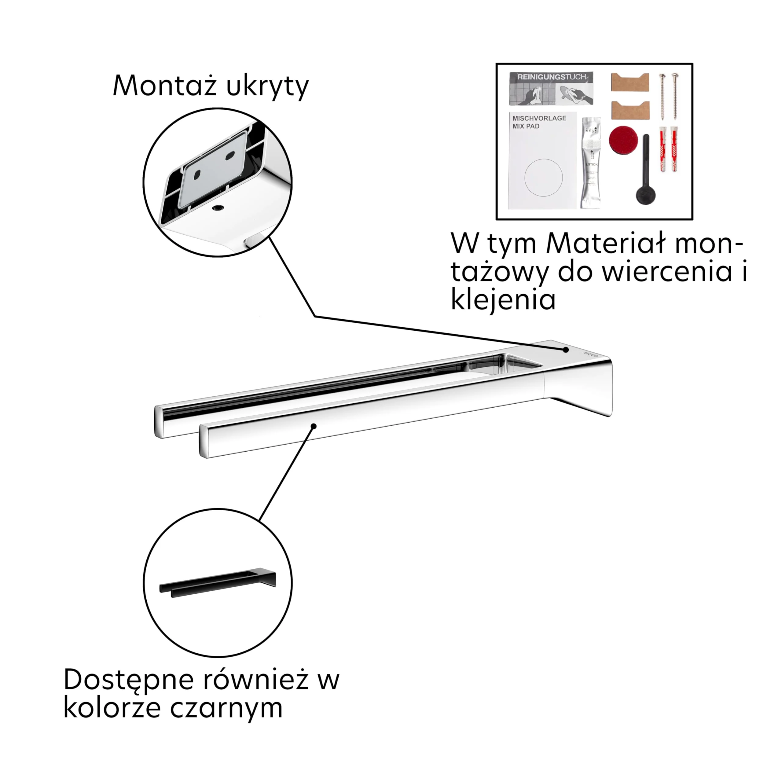 Keuco Rose Wieszak na ręczniki, dwuramienny, 34 cm, bez wiercenia, chrom | sztywny, Wyprodukowano w Niemczech, z zestawem do klejenia i wkręcania, uchwytem na ręcznik do klejenia lub wkręcania