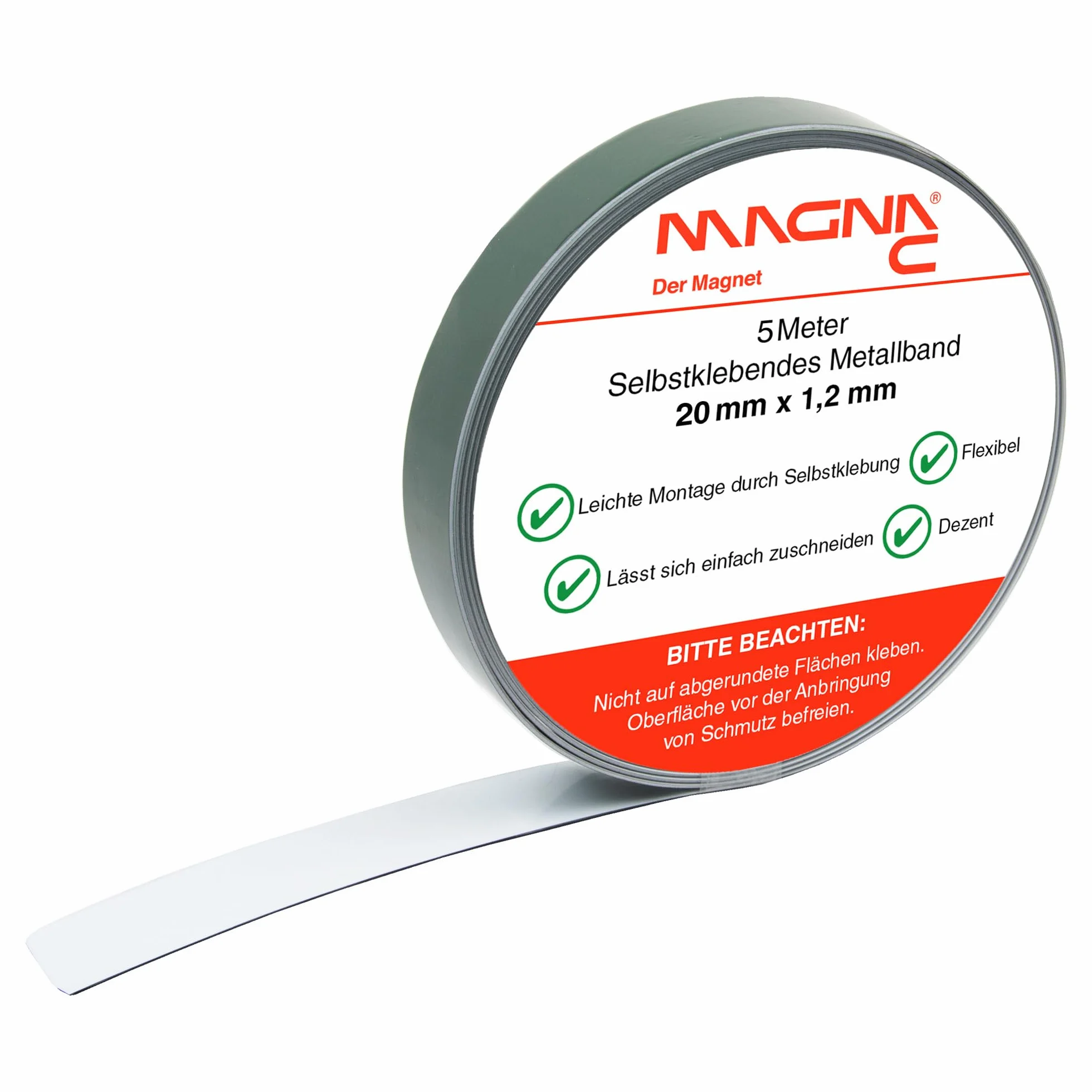 Magna-C® Samoprzylepna taśma metalowa, biała, podłoże pod magnesy, elastyczna i łatwa do przycięcia, 5 m x 20 mm x 1,2 mm