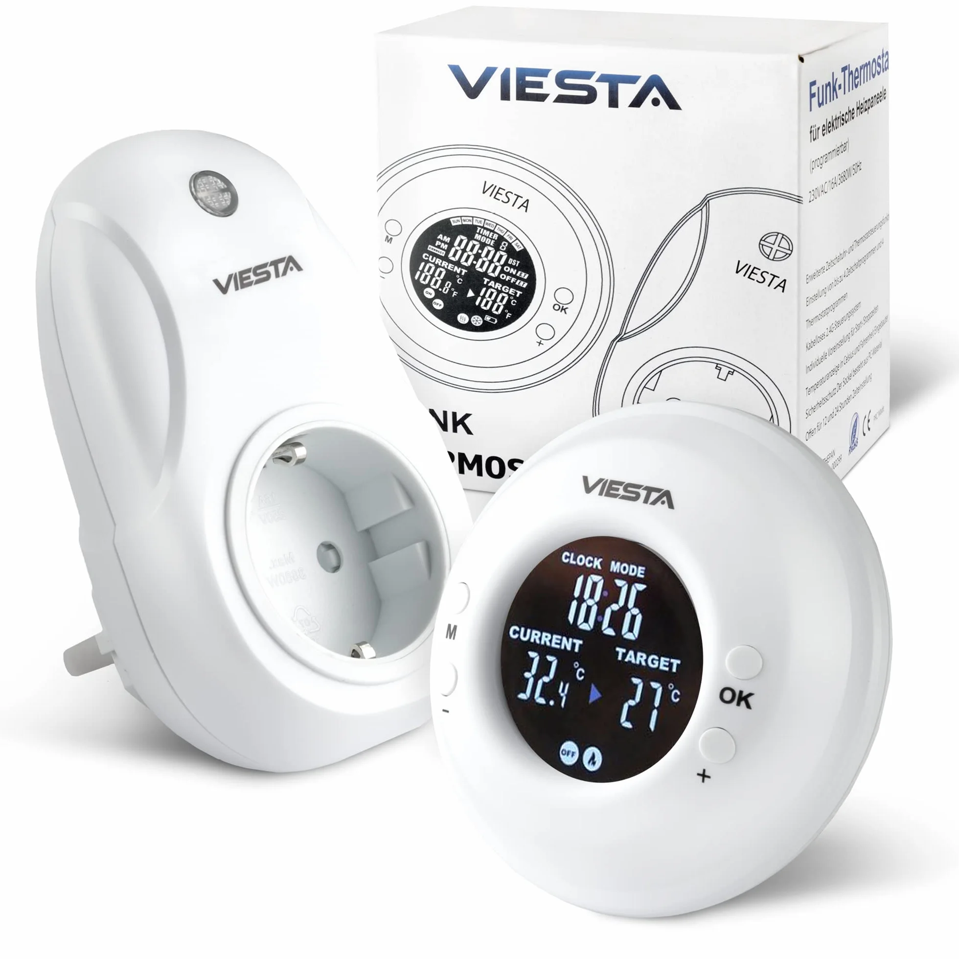TH20 Bezprzewodowy termostat gniazdkowy (230V/3600W) – Cyfrowy, programowalny, z pilotem, program tygodniowy, timer, sterowanie 2,4 GHz, tryby Komfort/Auto/Ręczny i ochrona przed mrozem