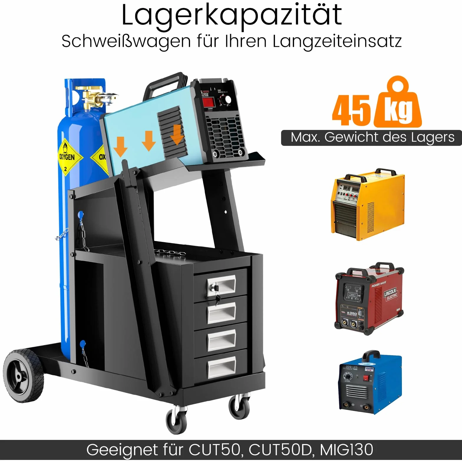COSTWAY Spawarka z 4 szufladami i uchwytem na butle gazowe, wózek spawalniczy do urządzeń spawalniczych, wózek warsztatowy, metalowy, 71 x 38 x 71 cm, czarny