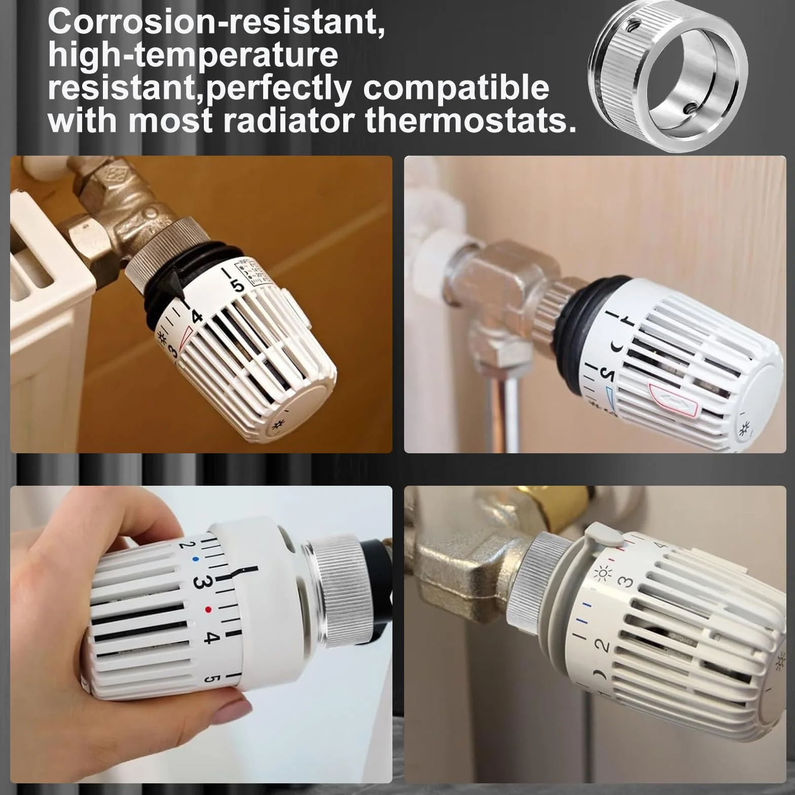 4 sztuki termostatu do grzejnika, stal nierdzewna 304, adapter do zaworu grzejnika, głowica termostatyczna z paskami, termostat do grzejnika RA/Rav/Ravl M30 x 1,5, z kluczem sześciokątnym (średnica
