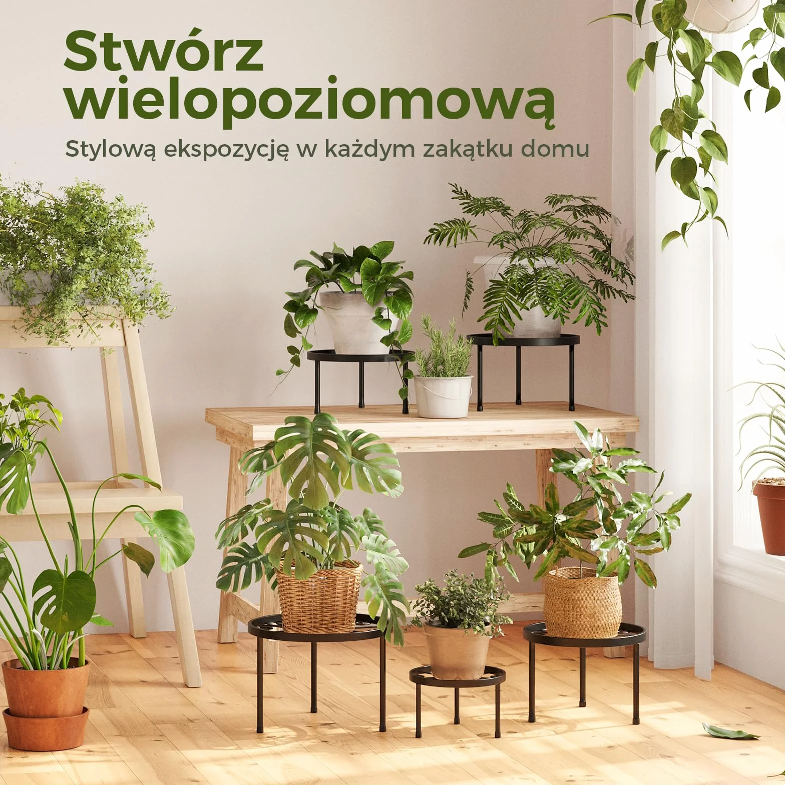 Bamworld 5 Sztuk Metalowe Stołki pod Kwiaty, Czarny Żelazny Stojak na Doniczki, Odporny na Korozję, Okrągły do Dekoracji Domu i Ogrodu