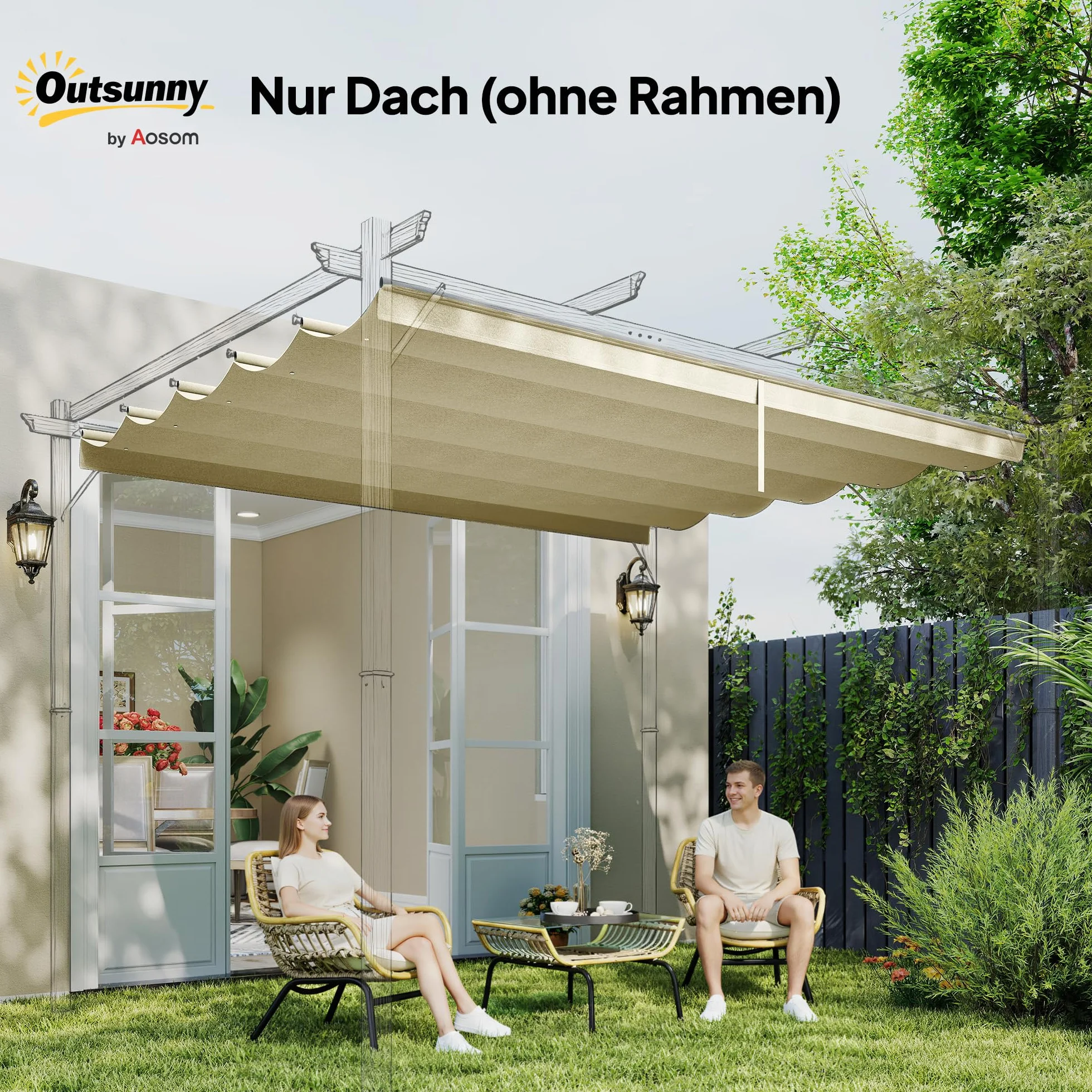 Outsunny Wymienny dach na pergolę 3 x 3 m wodoodporny zasuwany falowy 250 x 255 cm kremowy