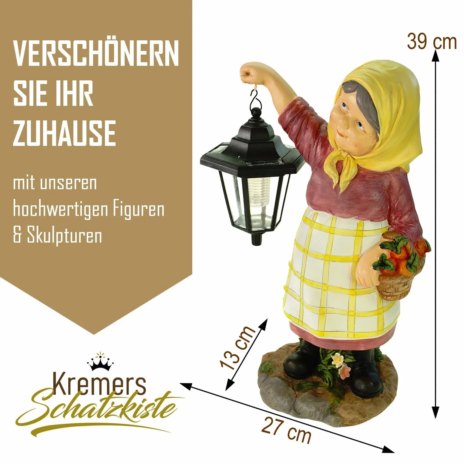 Kremers Schatzkiste Figurka ogrodowa Babcia Edeltraud z latarnią solarną i koszem 39 cm