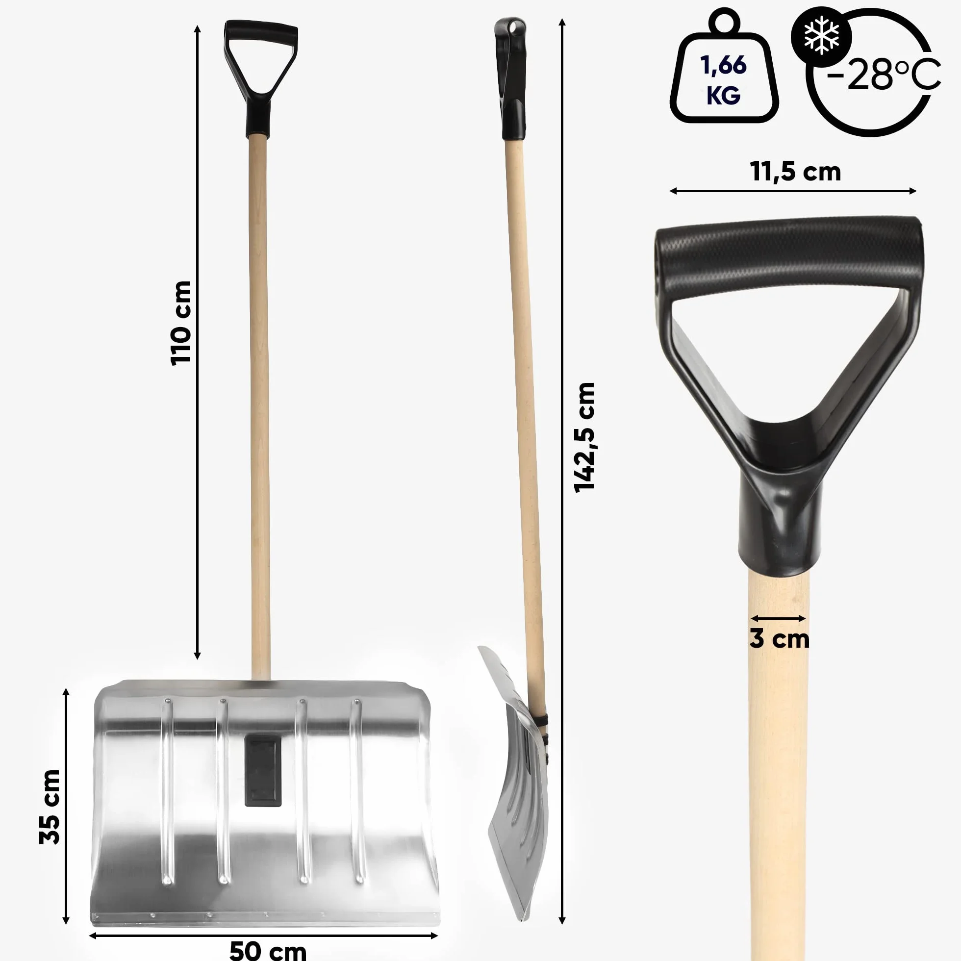 KADAX Łopata do śniegu aluminiowa z drewnianym trzonkiem i uchwytem D, ergonomiczna, lekka i wytrzymała, szerokość 50 cm - skuteczne odśnieżanie podjazdów i chodników