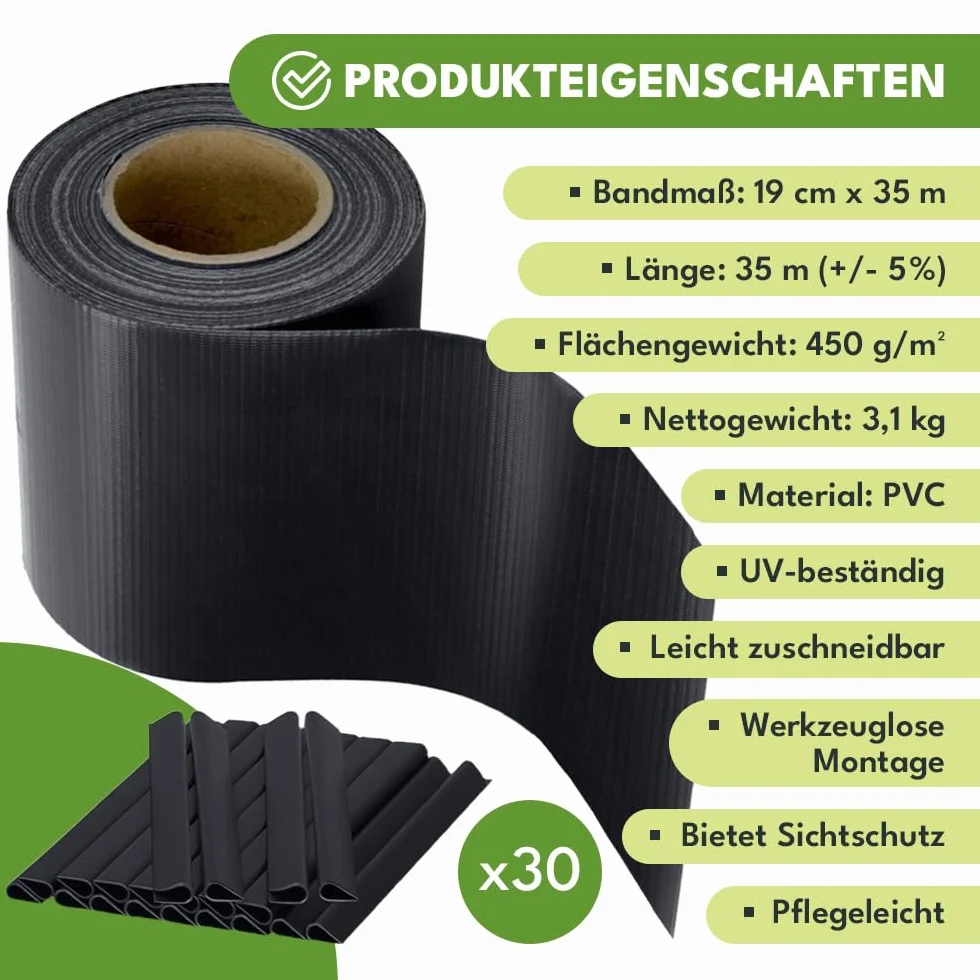 KRUMAD Taśma Osłonowa na Ogrodzenie 19 cm x 35 m PVC 450 g/m² Odporna na UV Antracyt