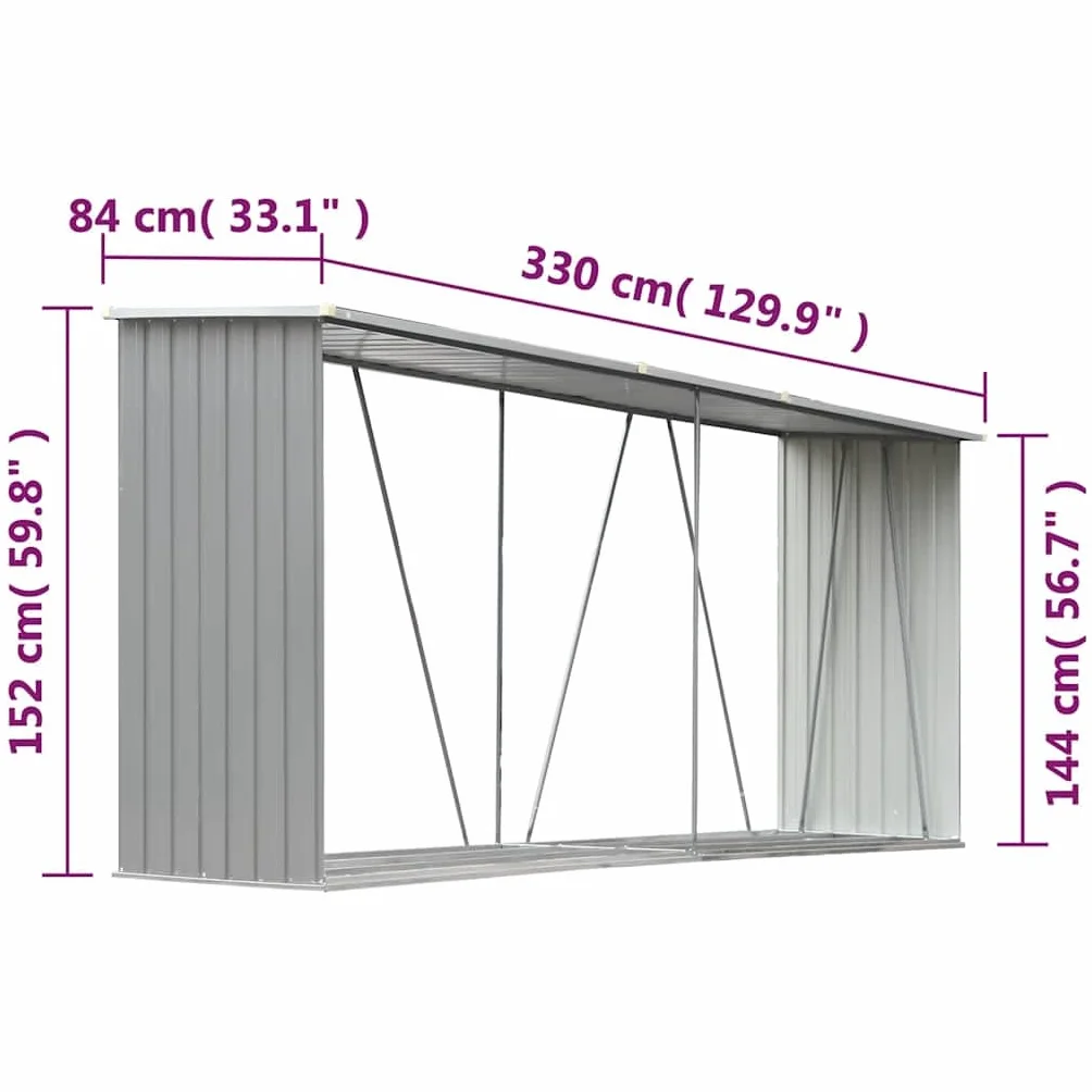 vidaXL Wiata na drewno, stal galwanizowana, 330 x 84 x 152 cm, szara