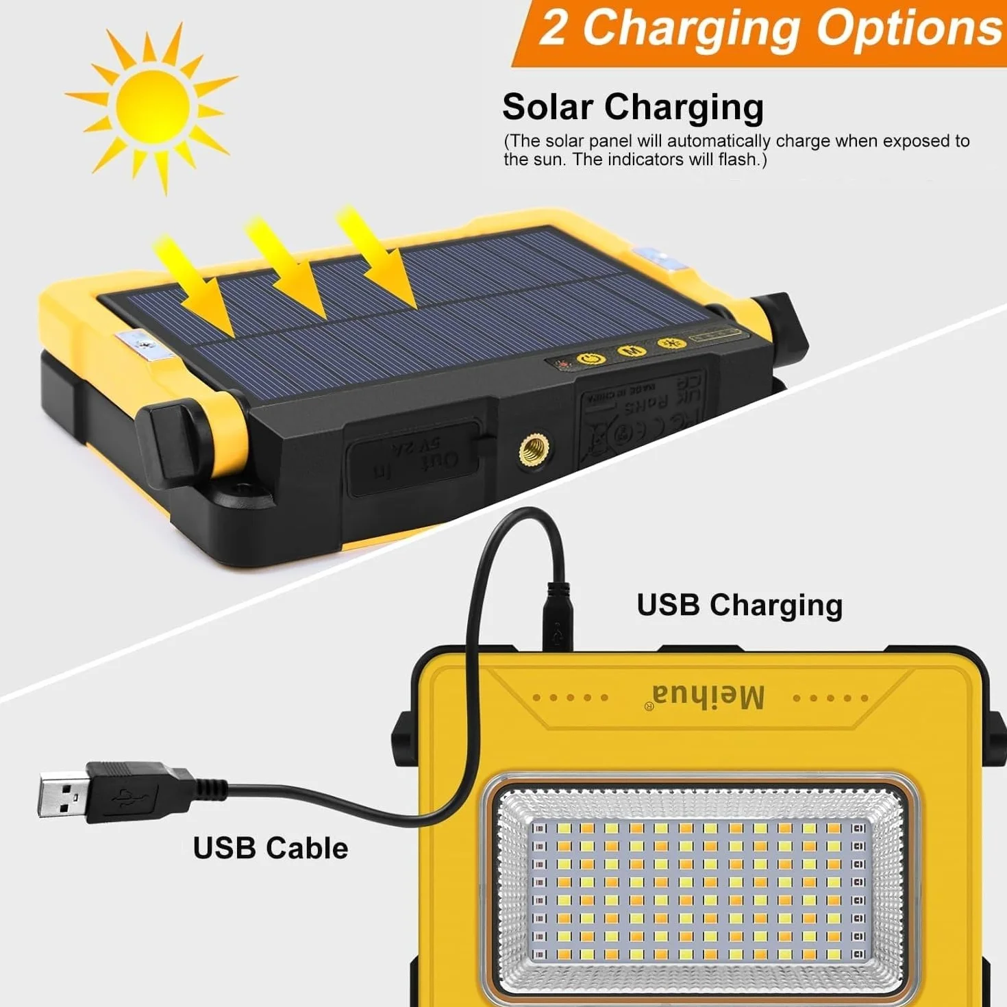 MEIHUA Lampa robocza LED 60W z akumulatorem 12000mAh, przenośny reflektor budowlany LED, ładowalna lampa kempingowa, 4 tryby świecenia, ładowanie solarne i USB, lampa akumulatorowa do placu budowy