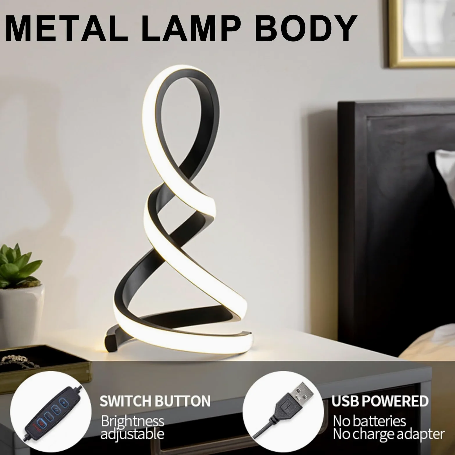 Jadssox Lampa Biurkowa LED Spiralna Czarna Liniowa Lampa Stołowa, Nowoczesne Małe Lampki Nocne Do Salonu Sypialnia Nocne Biuro, 3W 3 Tryb Kolorów Oprawa Oświetleniowa Na Szafkę Nocną