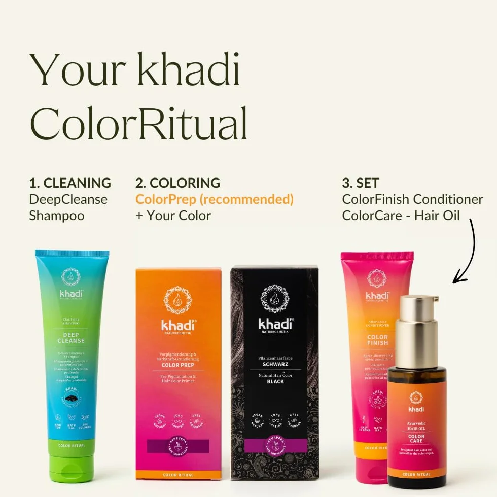 khadi CZARNA roślinna farba do włosów, farbuje włosy na tajemniczą głęboką czerń, bez niebieskiego odcienia, 100% roślinna, naturalna i wegańska, certyfikowane kosmetyki naturalne, 100g