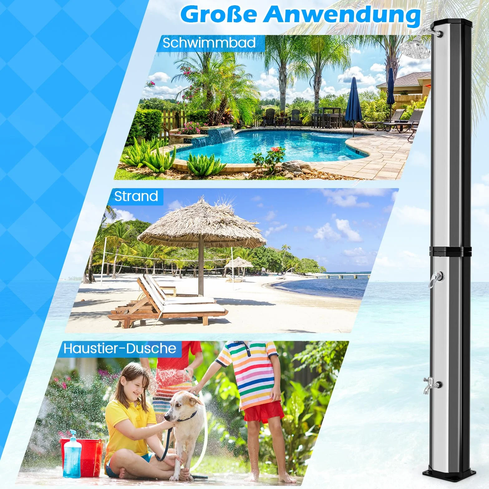 COSTWAY Prysznic solarny 60 l, ogrodowy z pokrowcem ochronnym 227 cm do 60°C