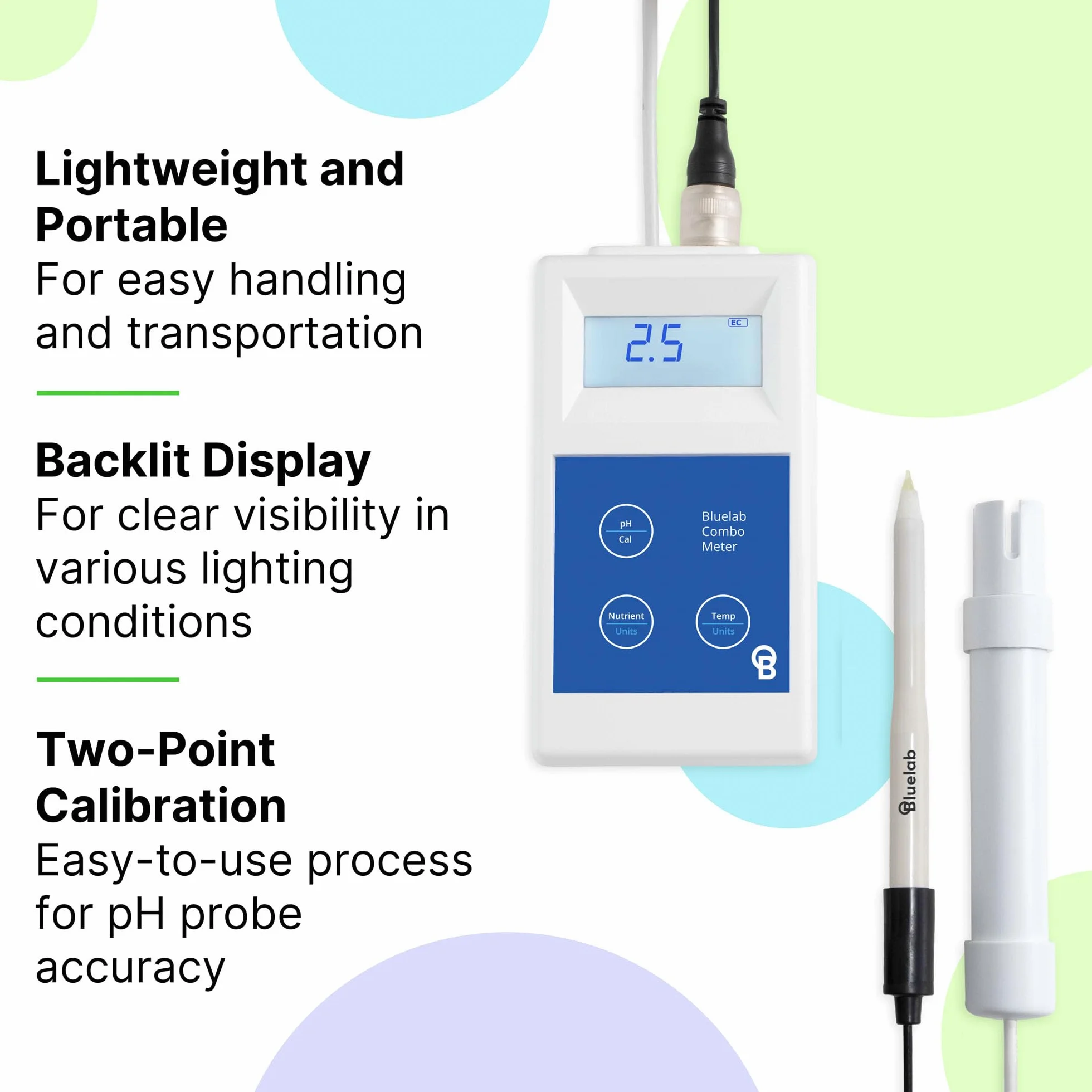 Bluelab METCOMPLUS Combo Meter PLUS do pH, temperatury i przewodności, łatwa kalibracja, działa w wełnie mineralnej i glebie