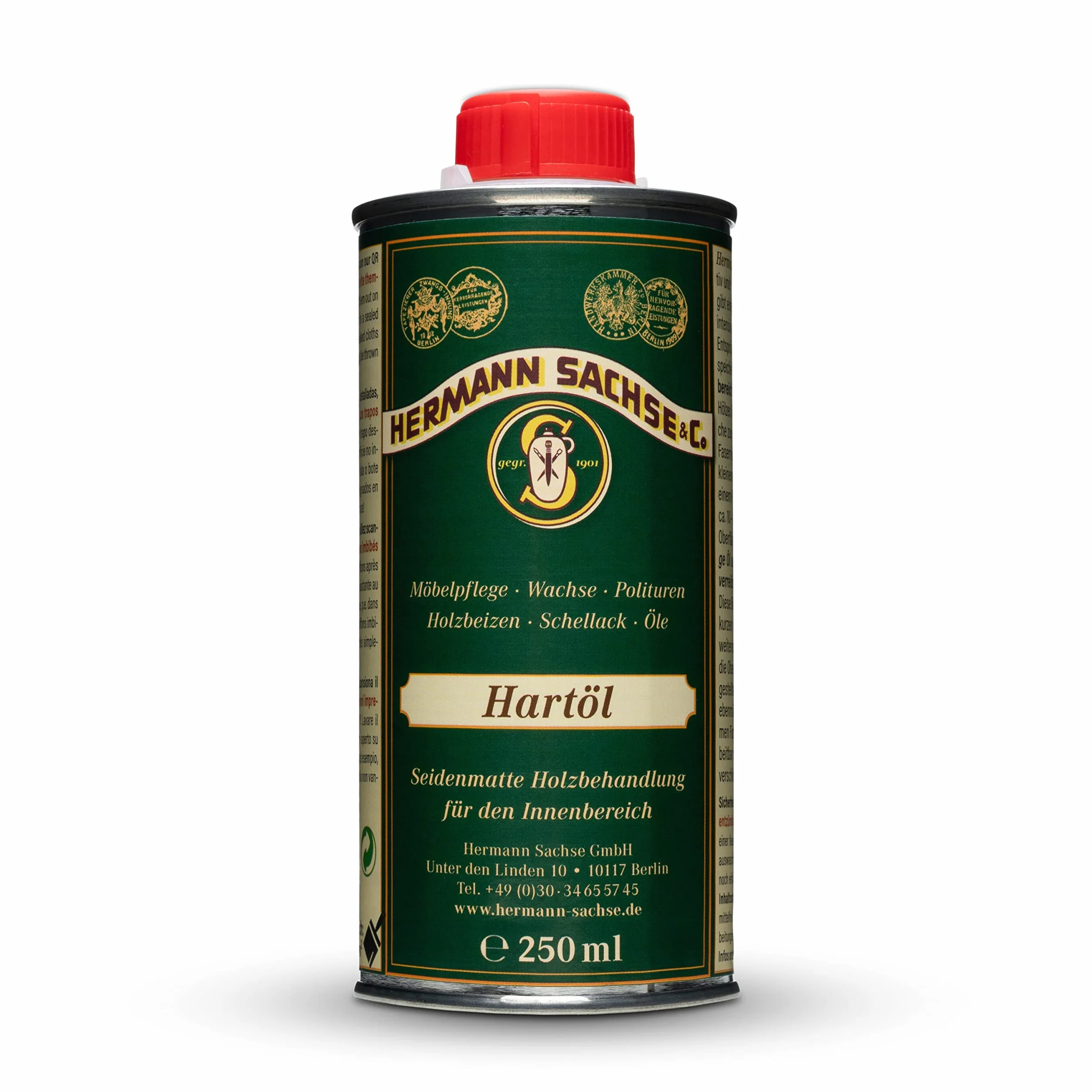 Hermann Sachse Hartöl - 250ml - Holzöl - Möbelöl - Effektiver Holzschutz im Innenbereich - Natürliches Leinöl - Arbeitsplattenöl - Öl für Tische - Made in Germany