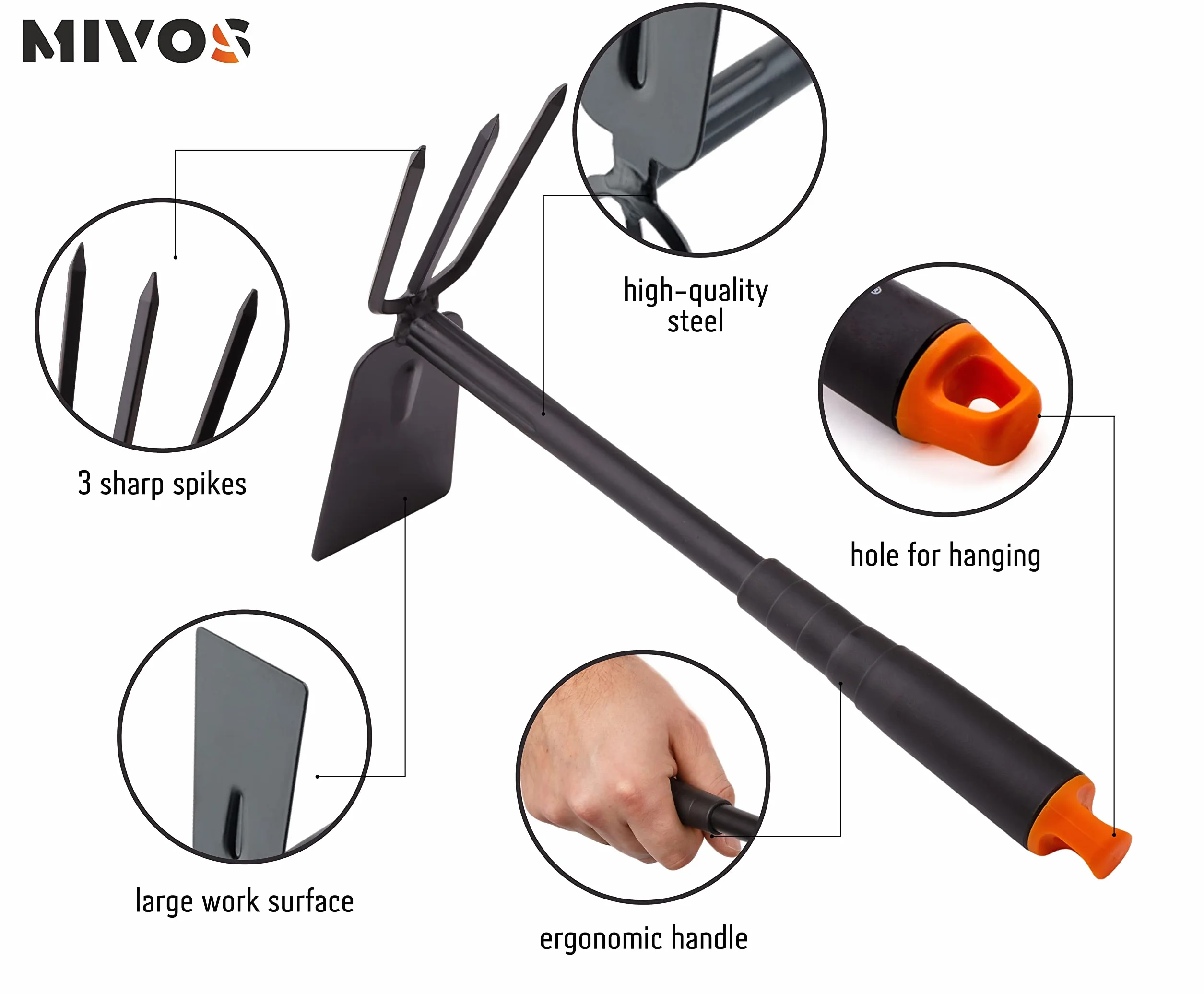 Mivos Motyka z 3 kolcami do uprawy i pielenia ziemi/Podwójna motyczka z 3 zębami/dwugłowicowa metalowa motyka do przesadzania, szerokość 7 cm