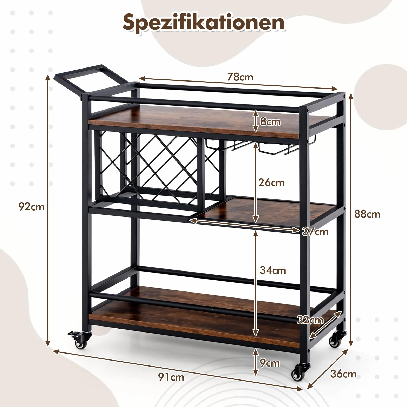 COSTWAY Wózek do serwowania na kółkach, 3-poziomowy wózek kuchenny z regałem na wino i uchwytem na szkło, zamykany wózek barowy, metalowa rama, do jadalni, kuchni, salonu, na imprezę, do baru, wózka