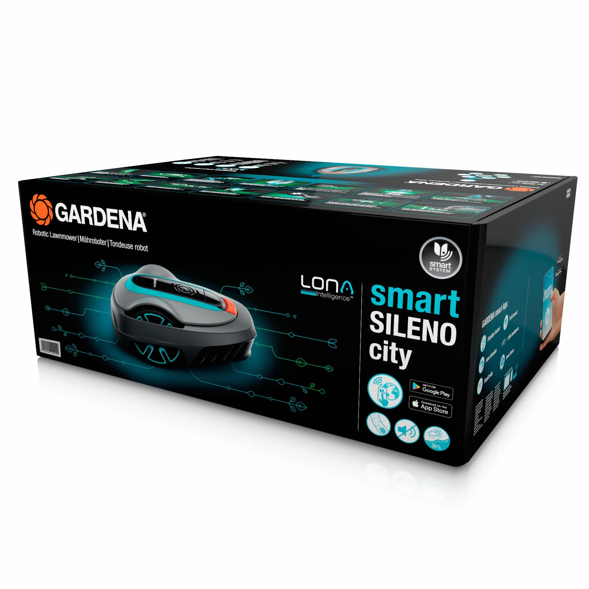 Gardena robot koszący SILENO city 500 m² LONA AI sterowanie aplikacją SensorControl zestaw