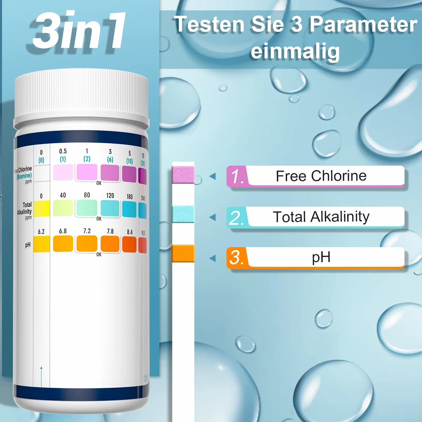 RUNBO 3 w 1 paski testowe do spa 150 drążków paski testowe zestaw do testowania wody Precyzyjny tester chemiczny dla wolnego chloru Brom Alkaliczność pH