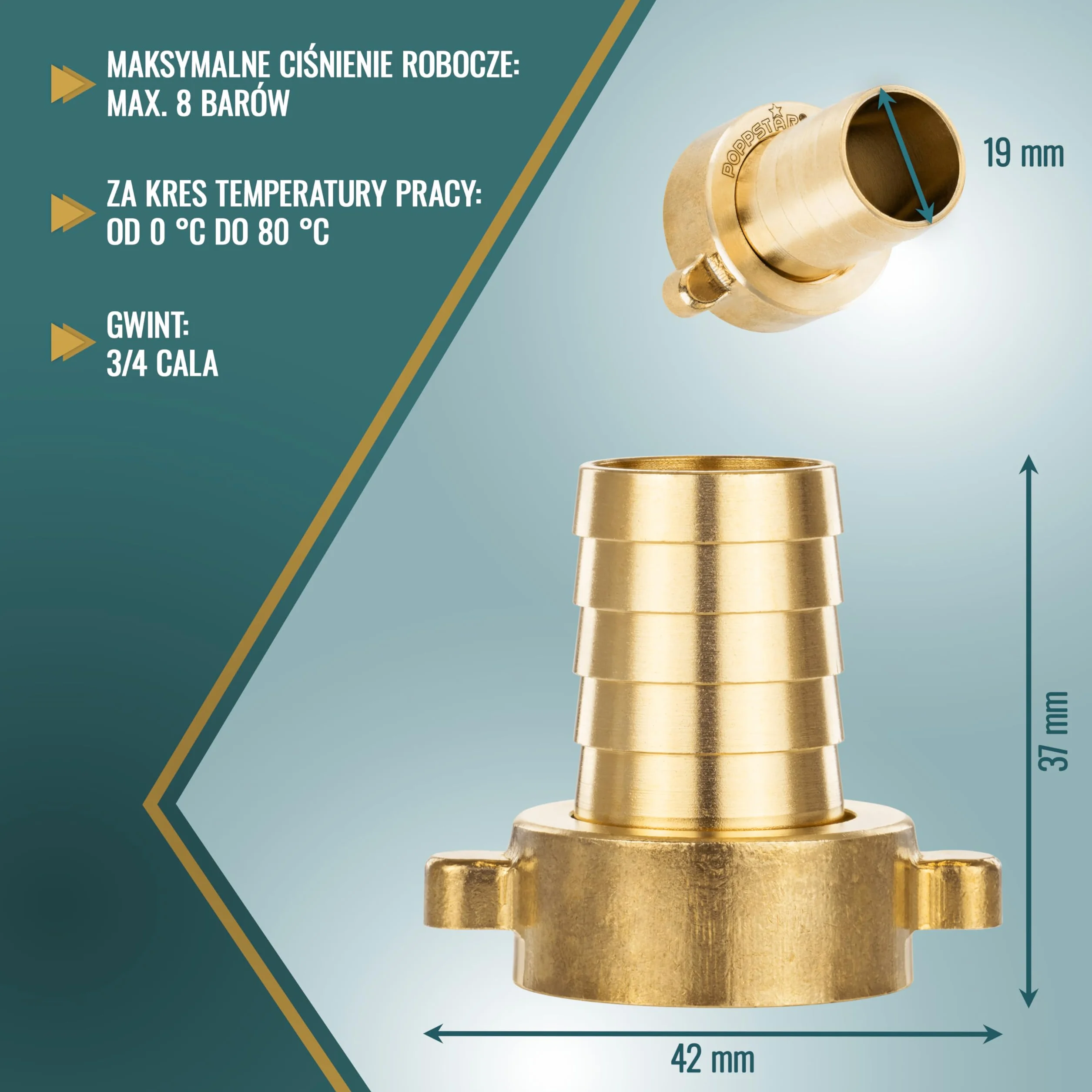 Poppstar mosiężne złącze węża 3/4" z gwintem wew. na tuleję 19 mm