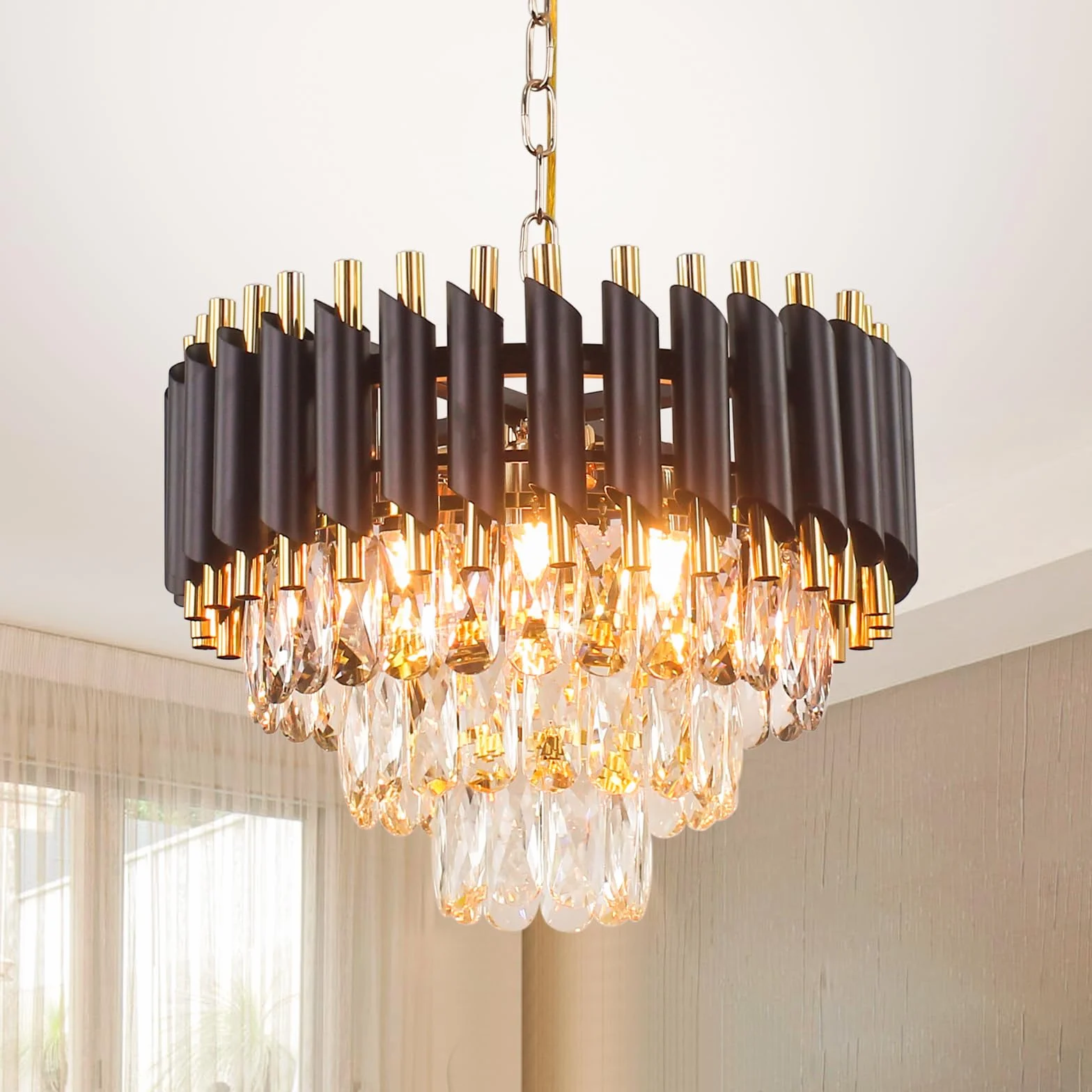 FRIXCHUR Czarno-złoty kryształowy żyrandol, lampa sufitowa, 3-poziomowa, podtynkowa, lampa sufitowa do sypialni, salonu, jadalni, przedpokoju, E14 x 5 (żarówki nie są dołączone)