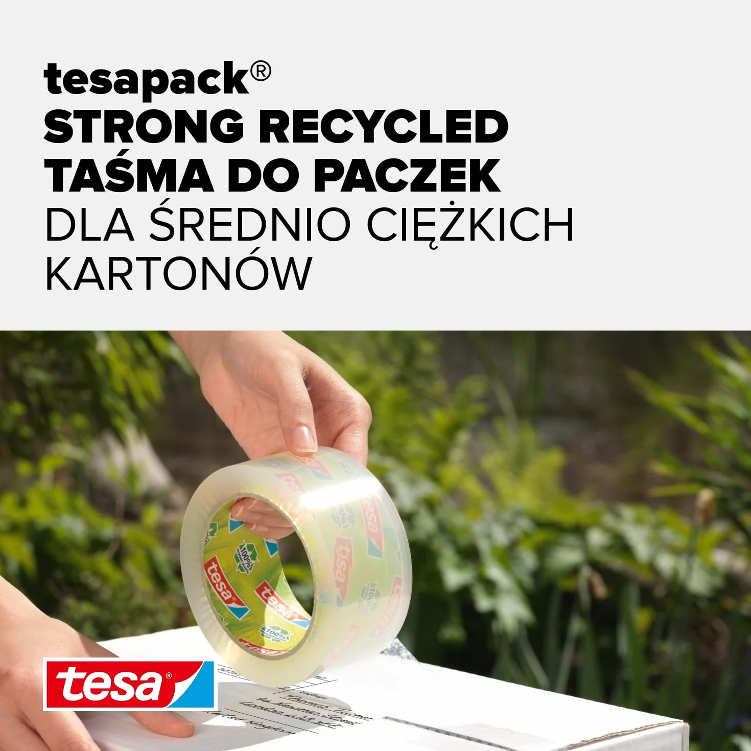 tesapack STRONG RECYCLED - taśma pakowa z 100% tworzywa z recyklingu, do paczek średniej wagi, odporna na UV i starzenie, przezroczysta, 66 m x 50 mm