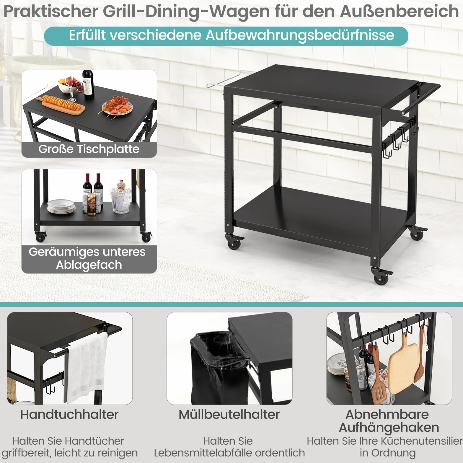COSTWAY Grill na kółkach, stół do grillowania i serwowania, wózek ogrodowy z haczykami i półkami