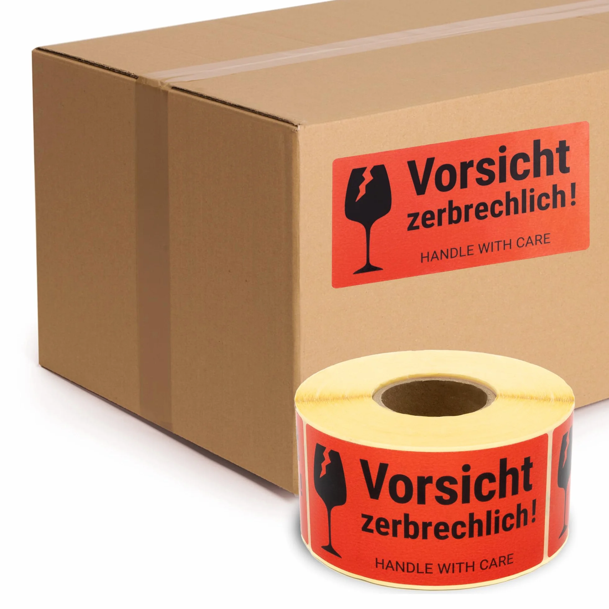 Etykiety ostrzegawcze na rolce 100 x 50 mm – 500 – uwaga k! Handle with care – Fragile Attention naklejka na wysyłkę – niebezpieczeństwo pęknięcia – neon jasnoczerwony – naklejki na paczkę