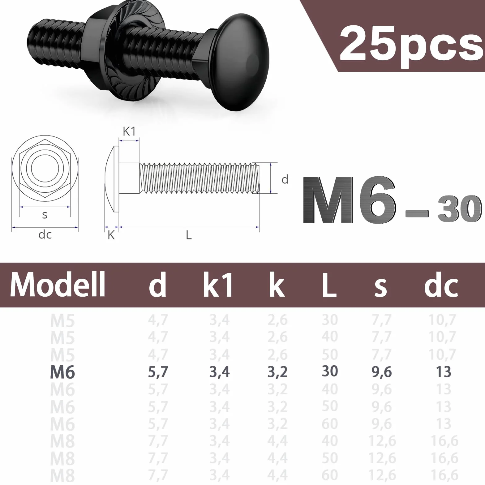 SWTYExt Śruby do wózka M6 x 30 mm, stal nierdzewna 304, czarny tlenek z kołnierzem, nakrętki sześciokątne, DIN 6923, do budowy maszyn przemysłowych, dekoracji wnętrz, 25 szt