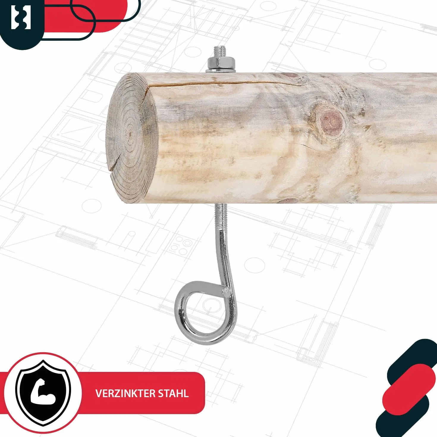 KOTARBAU® 2 haki M8 170 mm – wkręcane, stal ocynk, sufitowe, wytrzymałe, do montażu huśtawek.