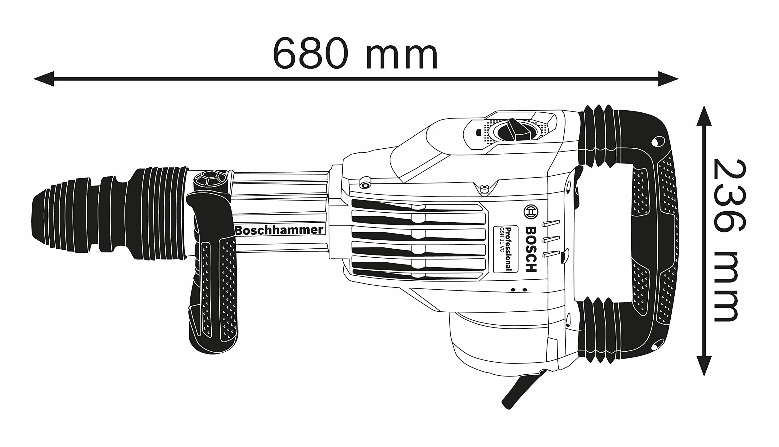 Bosch Professional: młot udarowy GSH 11 VC (1 700 W, liczba udarów przy nominalnej prędkości obrotowej 900 – 1.670 min-1, rękojeść dodatkowa, 1 szpicak, smar w tubie, sukno maszynowe, walizka)