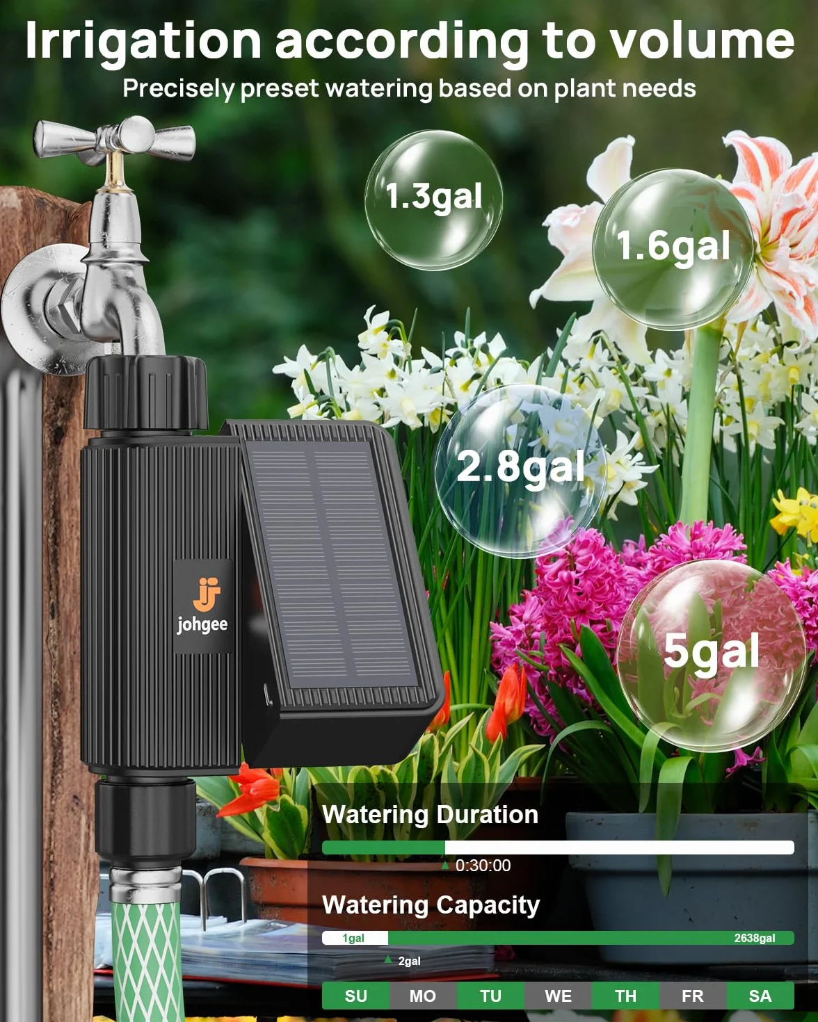 johgee Solarny sterownik nawadniania, Wi-Fi, inteligentny zegar nawadniający, kompatybilny z ogrodem