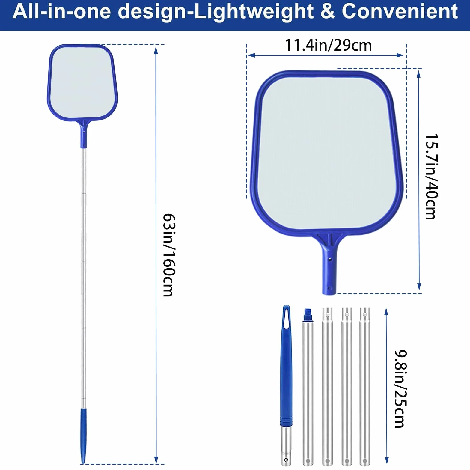 Aluminiowy drążek teleskopowy 120 cm, siatka do czyszczenia basenu, zestaw 5-elementowy