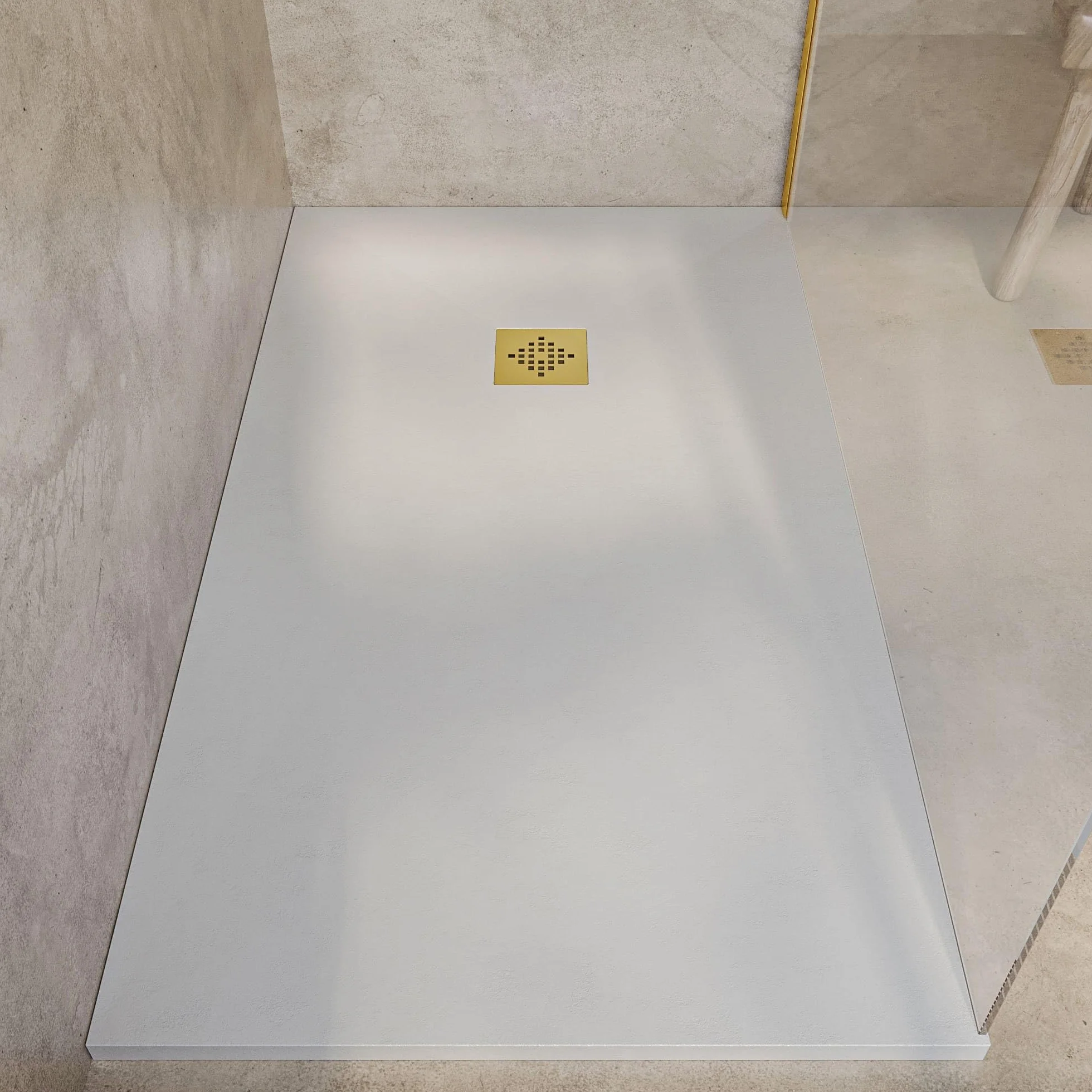 SOULHOME Brodzik prysznicowy– Żywica– Gel Coat– Gładka/Kamienna tekstura – Antypoślizgowy – Kolor kremowy – 140x90- Niski 3 cm– Z dodatkowym syfonem – Ruszt Złoty