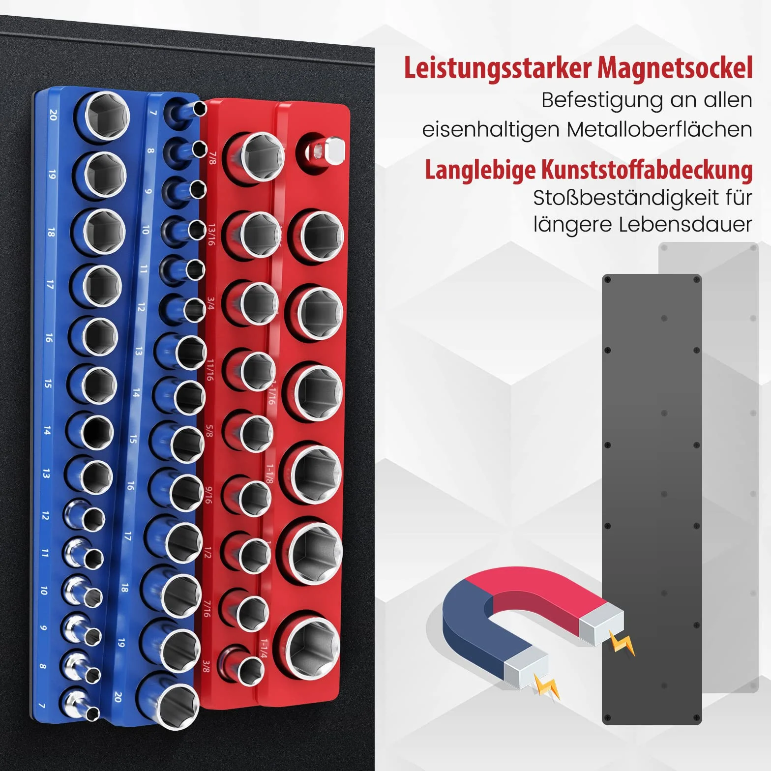 COSTWAY 6 szt. magnetyczny uchwyt na klucze nasadowe, 1/2", 3/8" i 1/4", szyna nasadzana do kluczy nasadowych, zestaw kluczy nasadowych uchwyt szyny, czerwony w calach (SAE), niebieski w mm (metryczny