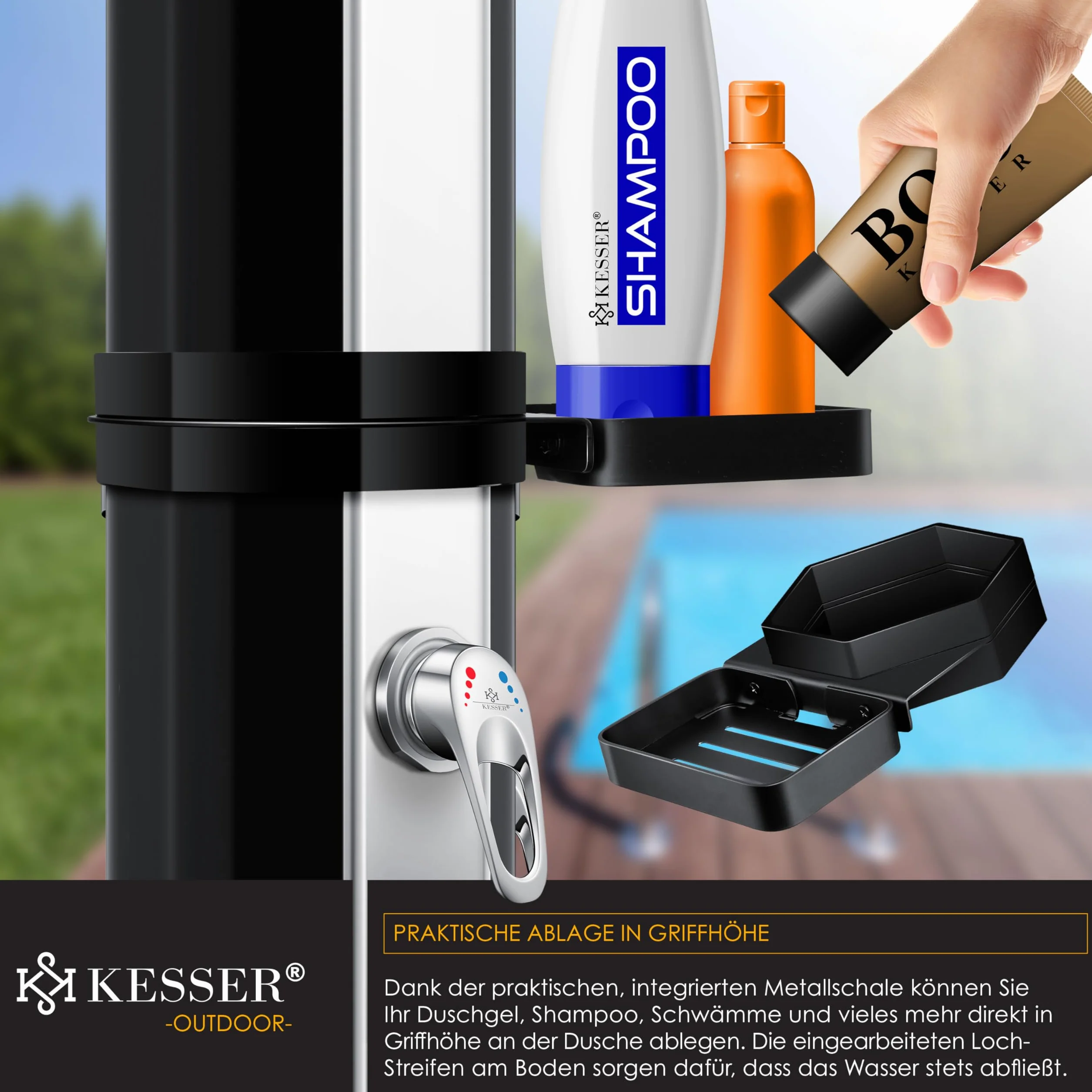KESSER Prysznic solarny 60 l, ogrodowy z metalową półką, ciepła woda 60 °C, bezprzewodowy, basenowy
