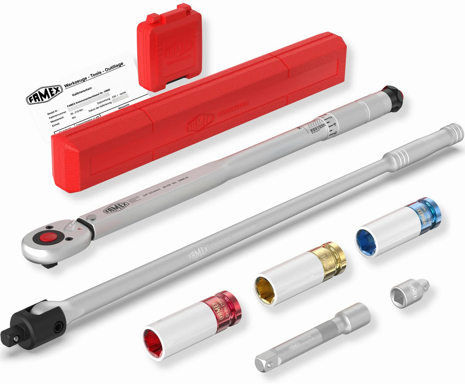 FAMEX 10905 klucz dynamometryczny do wymiany opon samochodowych, zestaw do wymiany kół 1/2 cala (12,5 mm) - 30-210 Nm - zestaw ekonomiczny ze specjalnymi wkładkami do śrub do kół - zestaw do wymiany kół z przegubem obrotowym