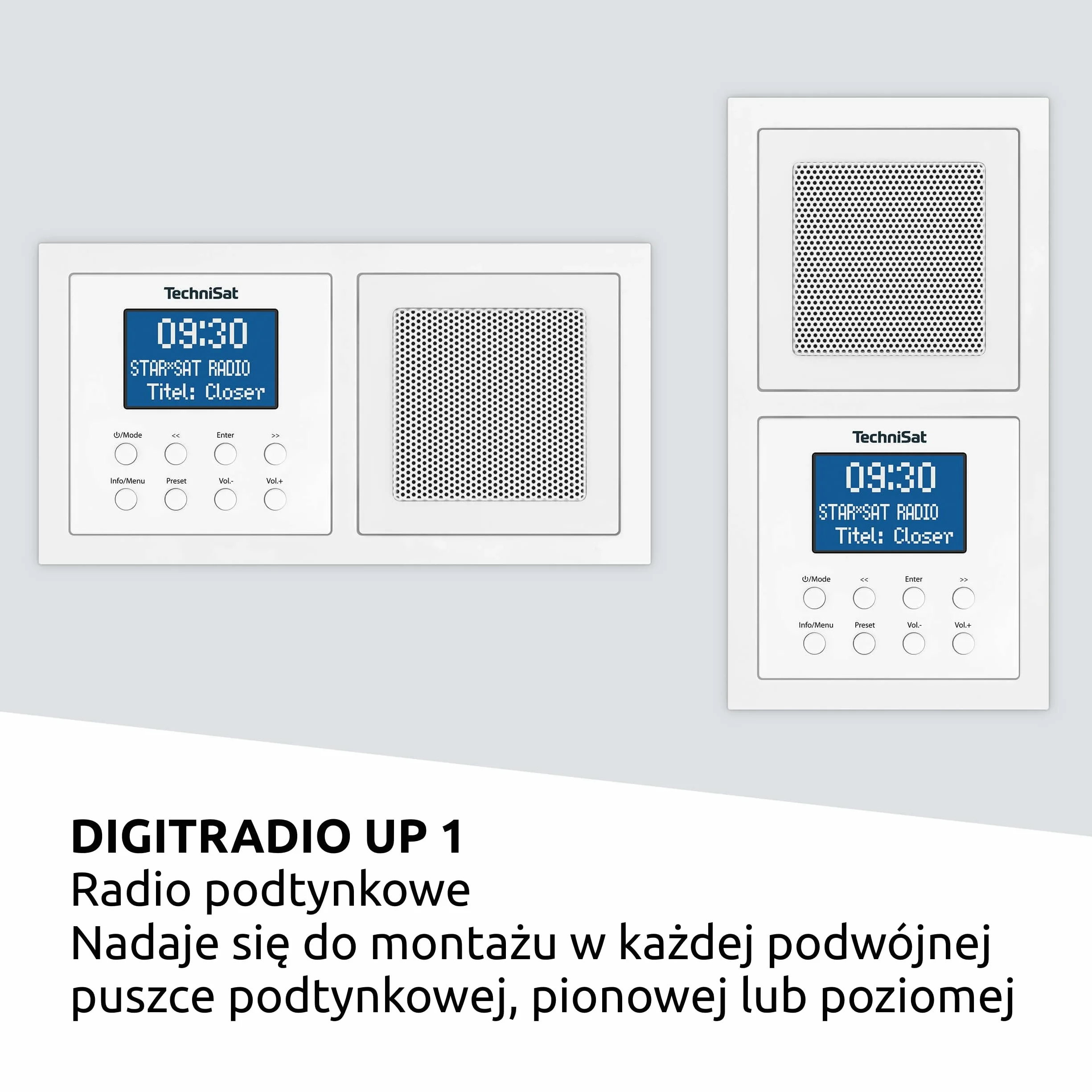 TechniSat DIGITRADIO UP 1 - radio podtynkowe DAB+ do montażu w dowolnej podwójnej puszce podtynkowej (odbiór DAB, FM, Bluetooth, przyciemniany wyświetlacz LCD, budzik, wyłącznik czasowy, moc 2 W RMS)