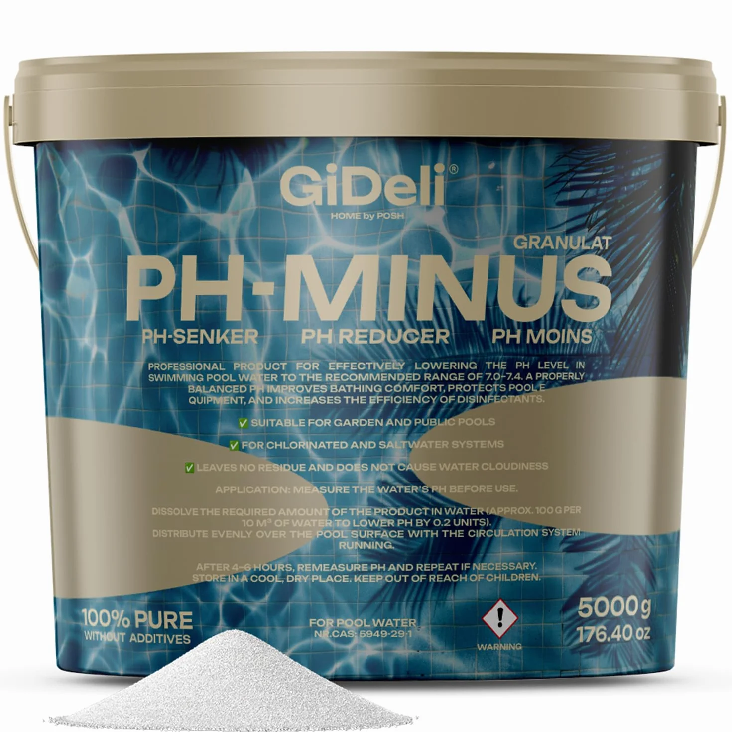 GiDeli Granulat pH minus 5 kg w wiaderku, obniża wartość pH w basenie, środek do pielęgnacji wody z hydromasażem dla krystalicznie czystej wody, do wszystkich rodzajów basenów, łatwe dozowanie