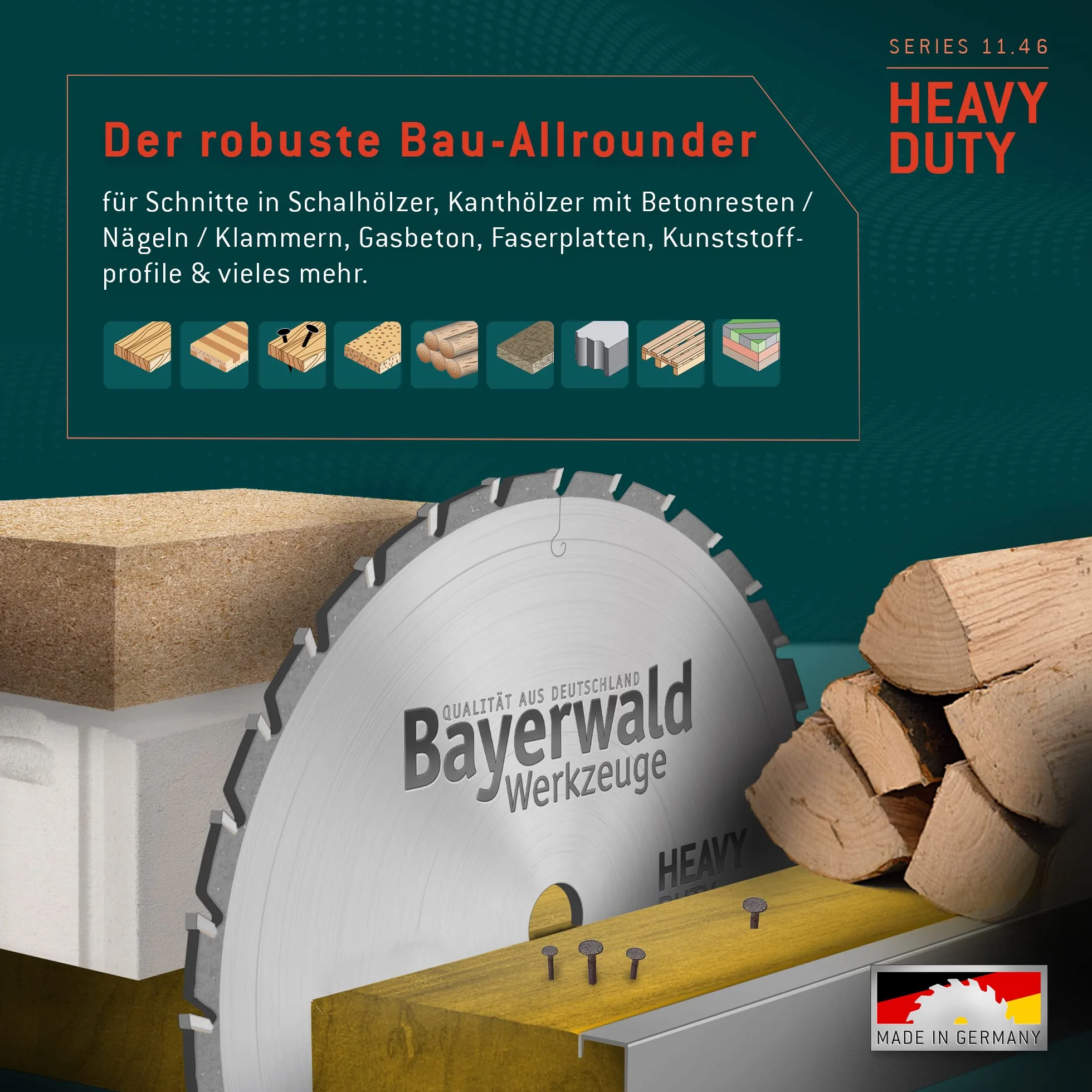 Bayerwald – HM brzeszczot do piły tarczowej – Ø 450 mm x 3,5 mm x 30 mm | zęby wymienne (66 zębów) | kombinowane otwory | bardzo wytrzymałe ostrze uniwersalne – odporne na gwoździe do piły budowlanej