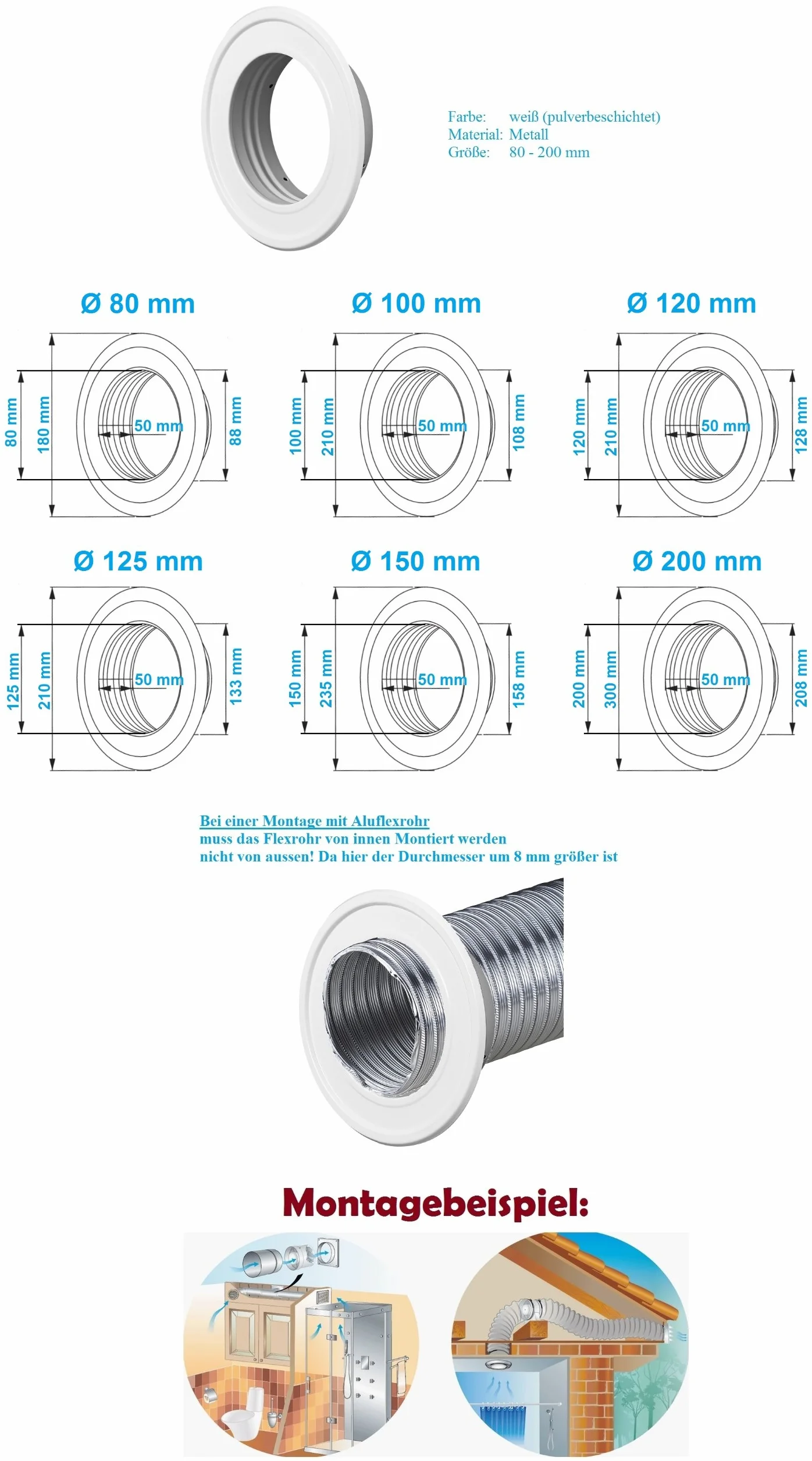 rozeta ścienna kołnierz ścienny rozeta Ø 150 mm 15 cm RM biała kołnierz rura aluminiowa elastyczna rura termoflex rura aluminiowa kołnierz metalowy odporny na wysokie temperatury