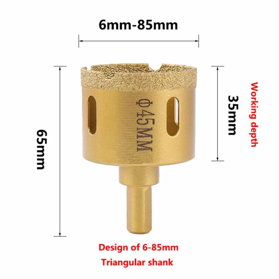 Wiertło diamentowe, otwornica diamentowa do płytek ceramicznych Trzonek trójkątny Wiertło lutowane próżniowo 6-85 mm (55 mm)