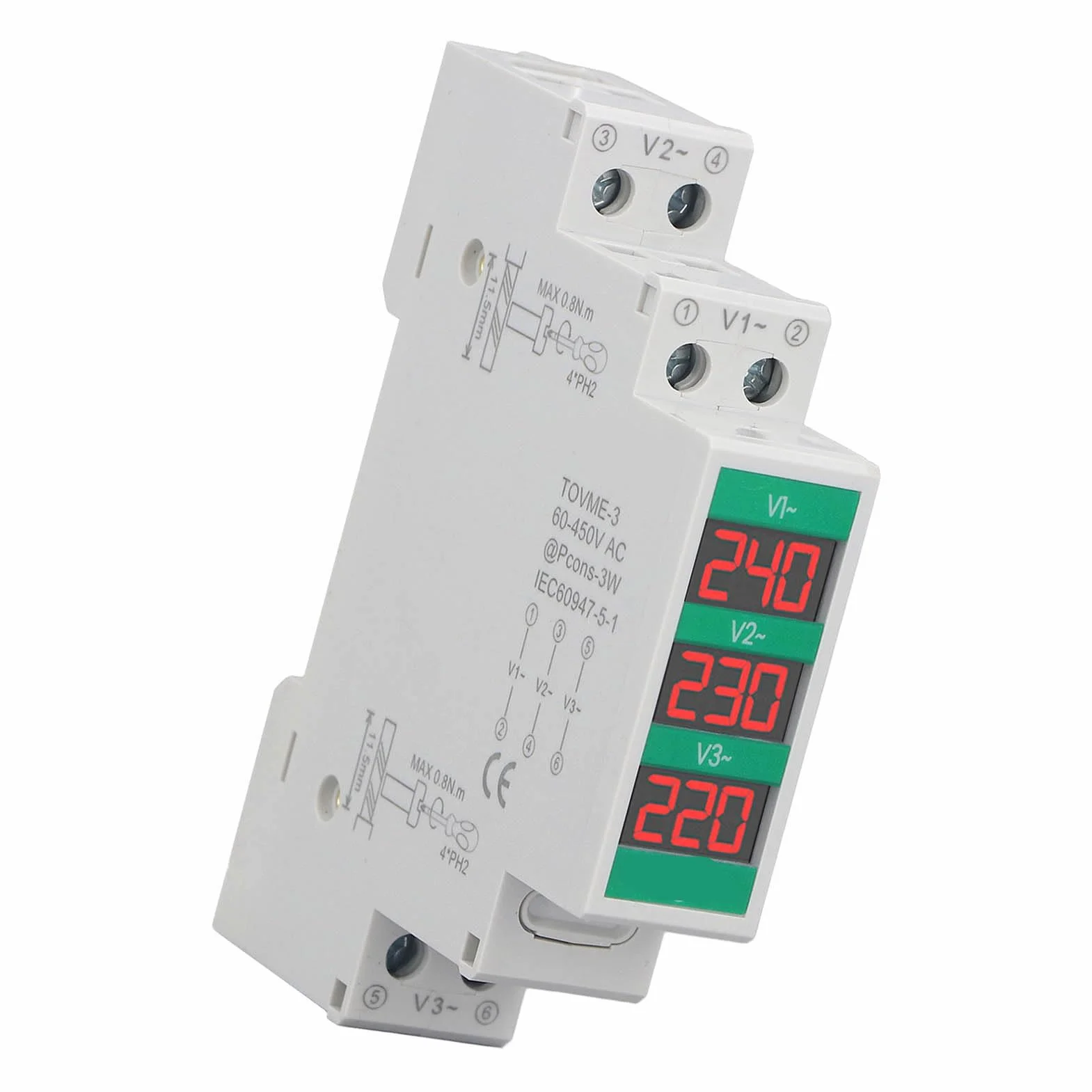 Woltomierz Trójfazowy 60-450V Ekran LCD Tester Miernika Napięcia, Montowany na Szynie DIN Woltomierz Cyfrowy i Detektor Napięcia