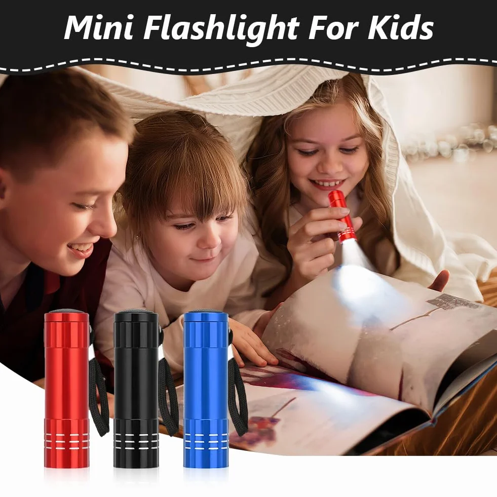 Flintronic 3-pak małych latarek LED, mała latarka kieszonkowa z 9 diodami LED, aluminiowa latarka dla dzieci, ze smyczą, super jasna, dla dzieci, dorosłych, na kemping, wędrówki, prezenty na świeżym