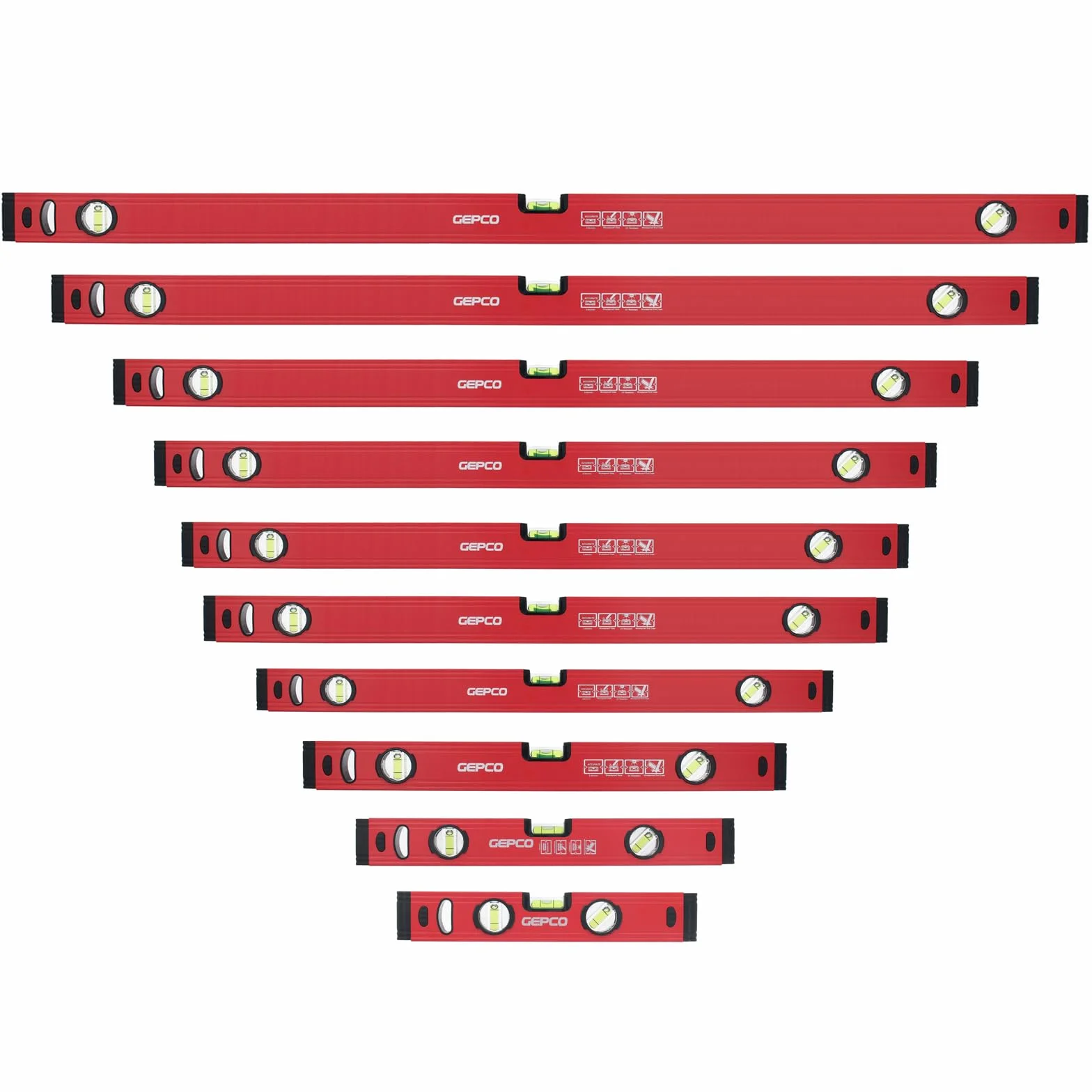 GEPCO 10-częściowy zestaw profesjonalnych poziomic 30-40-50-60-80-90-100-120-150-180 cm, aluminium, 1,2 mm, waga pomiarowa, waga konstrukcyjna, 3 ważniki