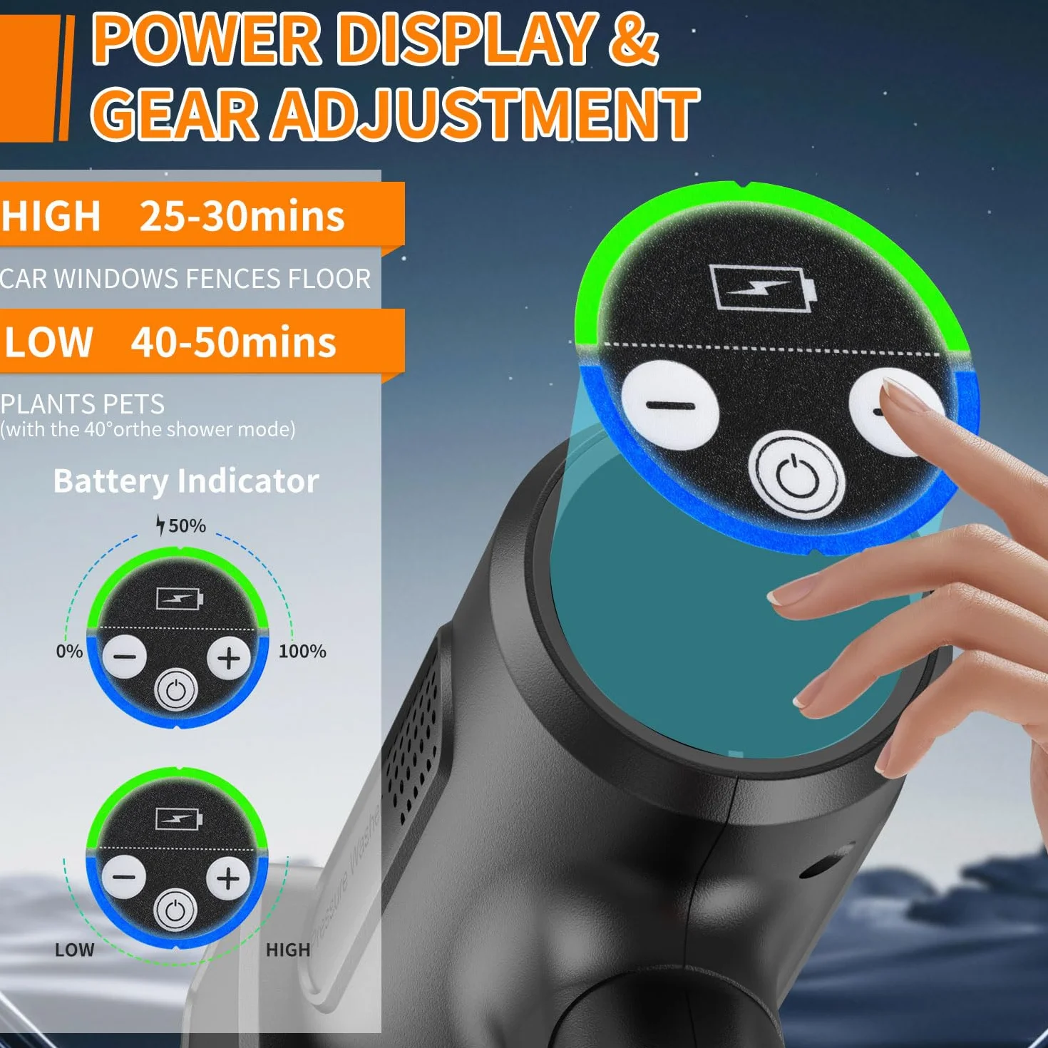 Akumulatorowa myjka wysokociśnieniowa 200 bar 21 V 3000 mAh dysza 6 w 1 wąż 5 m z wyświetlaczem LCD czarna