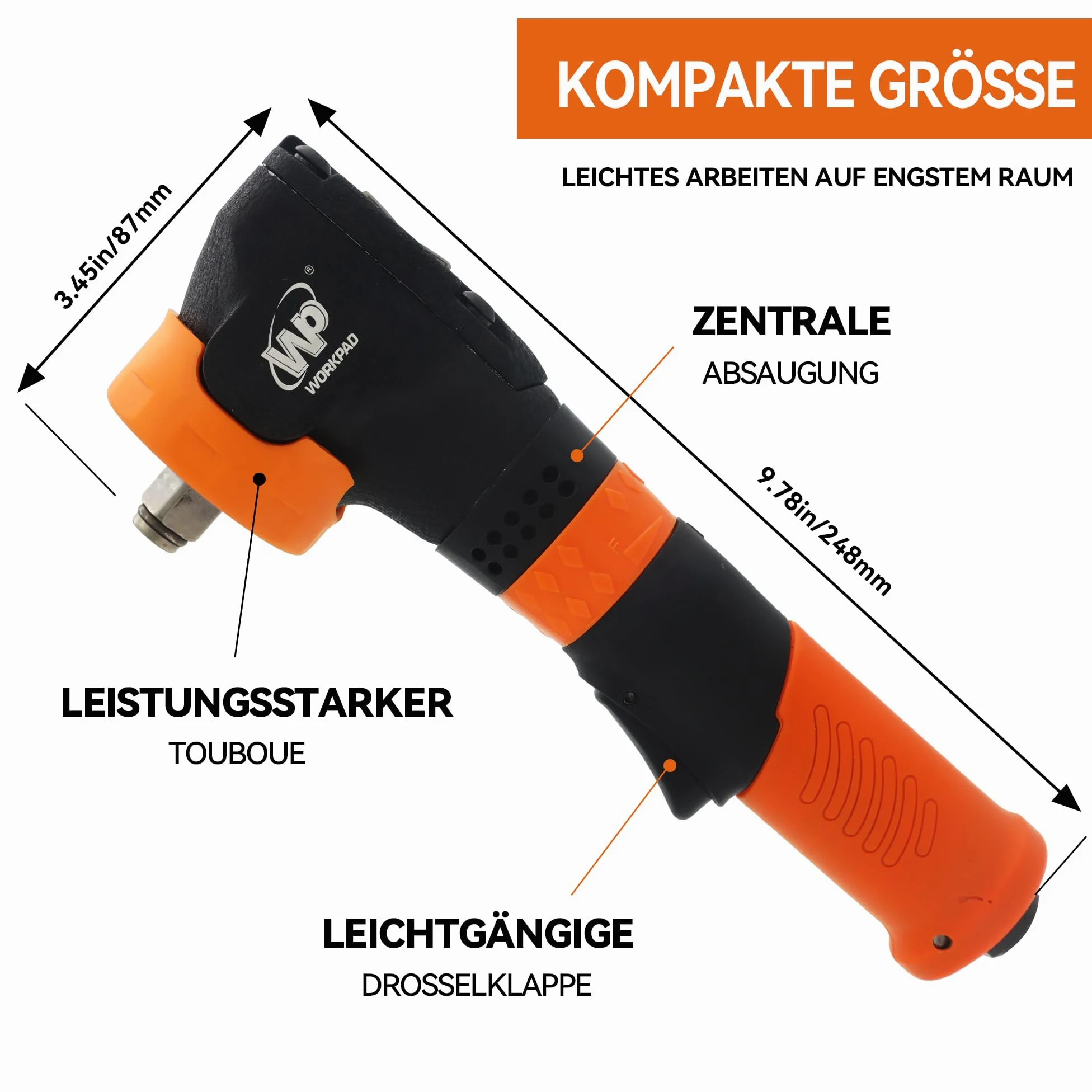 WORKPAD pneumatyczna wkrętarka udarowa, moment zwalniający 370 FT-LB, uchwyt o długości 25 cm, lekki młotek 1,4 kg z wysokim momentem obrotowym, klucz udarowy, sprężone powietrze.