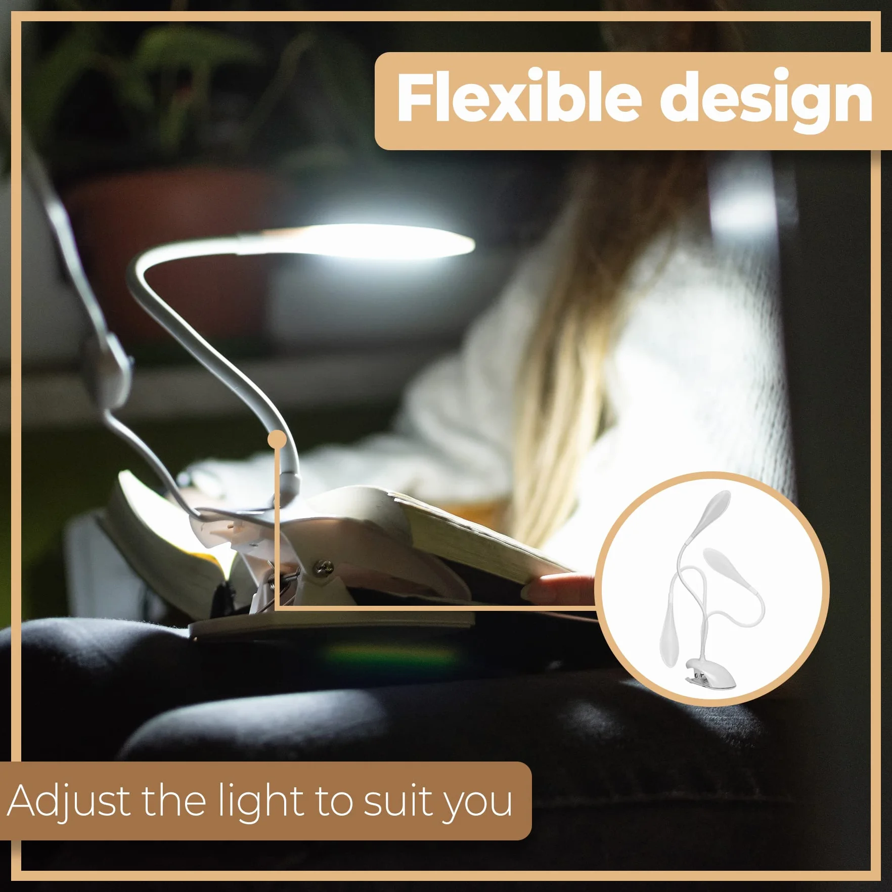 Retoo Lampa do czytania książek, zacisk, USB, do wielokrotnego ładowania, 360°, elastyczna lampa zaciskowa z 14 diodami LED, bezstopniowa jasność, lampka do łóżka, do podróży, łóżka, nauki, pracy