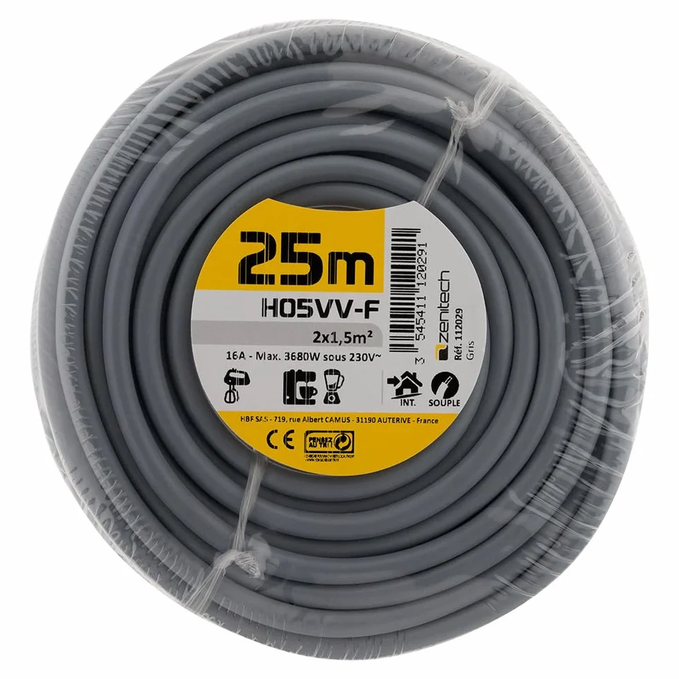 Zenitech - Przewód Zasilający H05VV-F 2x 1.5mm² - Płaska Struktura - Do Użytku Wewnętrznego - Izolacja PVC - Do Urządzeń Domowych i Połączeń Domowych - 25m - Szary