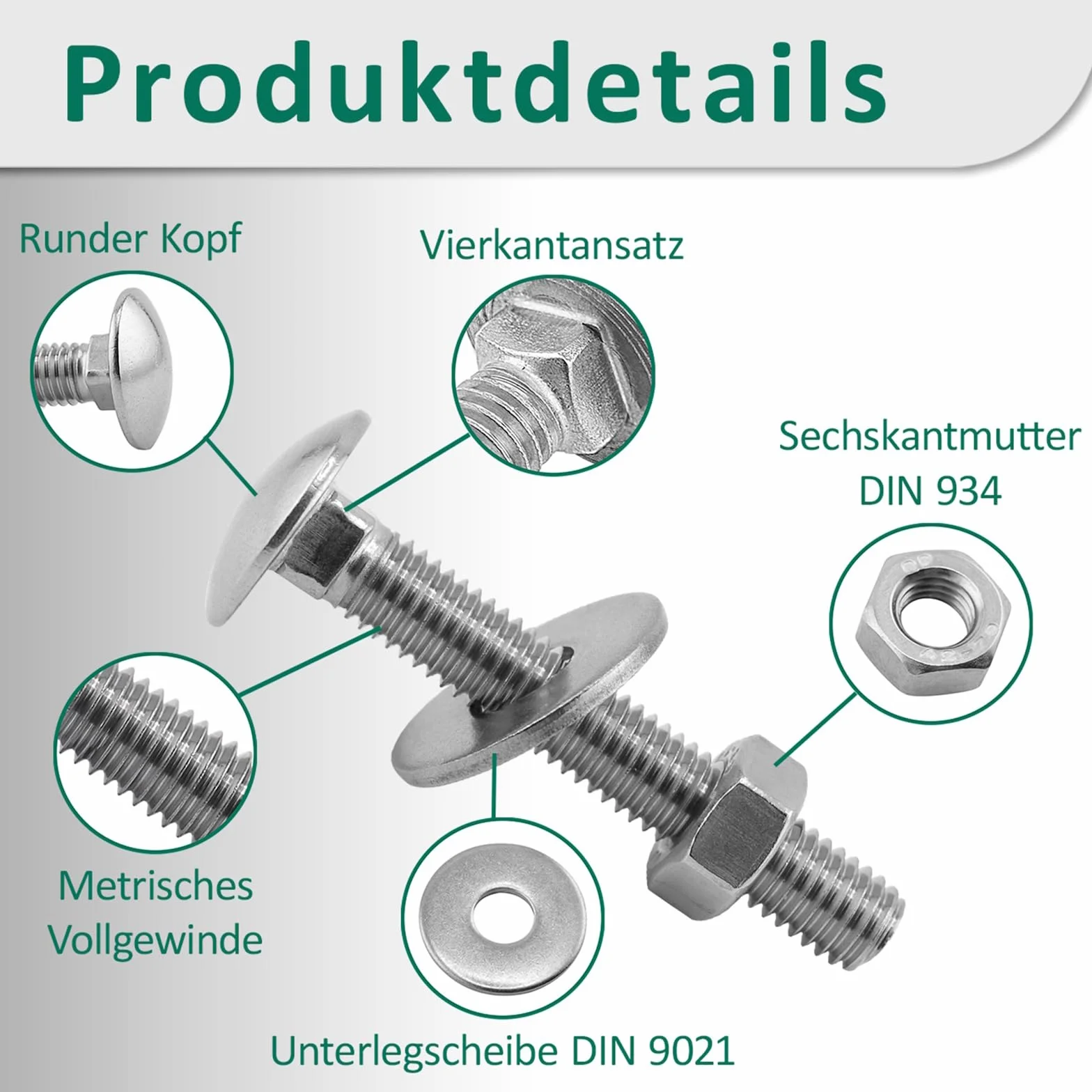 DSM ? Śruby zamkowe M12 x 80 mm zgodnie z DIN 603 ? w zestawie nakrętka sześciokątna M12 DIN 934 i podkładka DIN 9021 ? Stal nierdzewna A2/V2A ? Śruby z łbem płaskim z nasadką czworokątną ? 5 sztuk